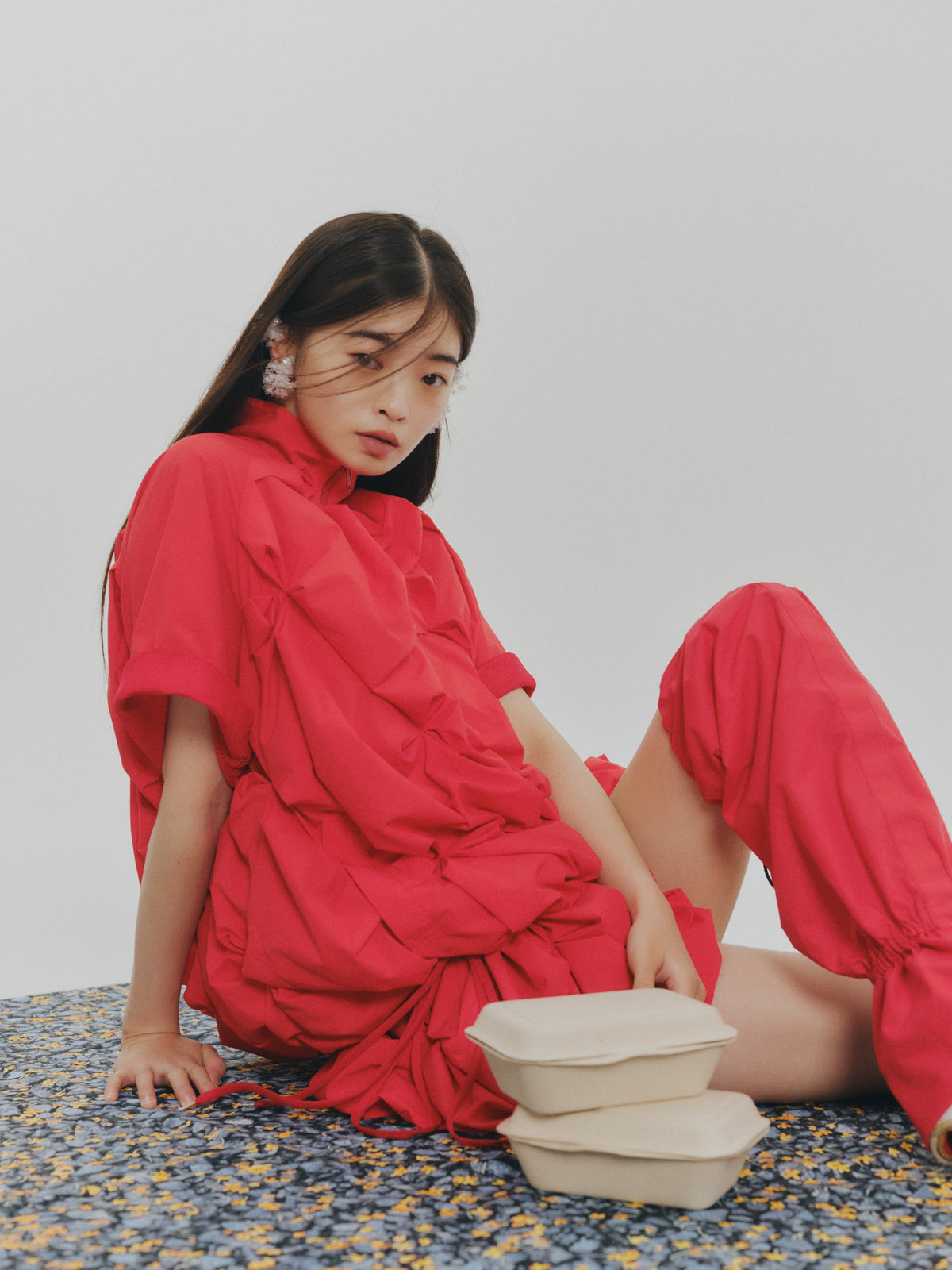 2WAY FLOWER SMOCKING ANORAK (RED)