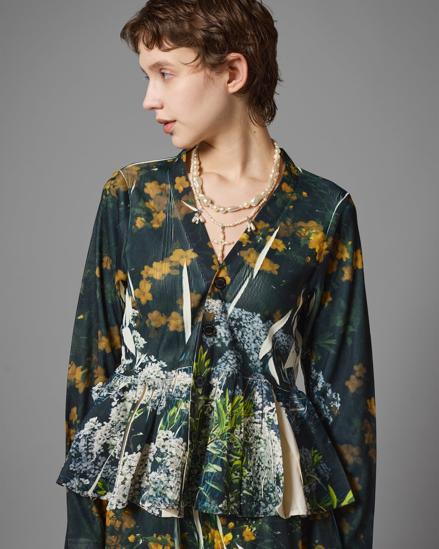 DIRECT PRINT RIB GATHER CARDIGAN (FLOWER)