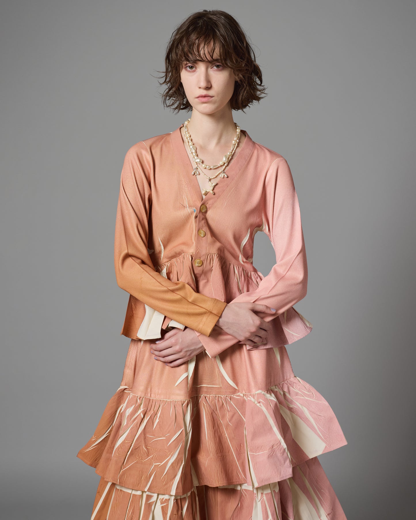 DIRECT PRINT RIB GATHER CARDIGAN (PINK)