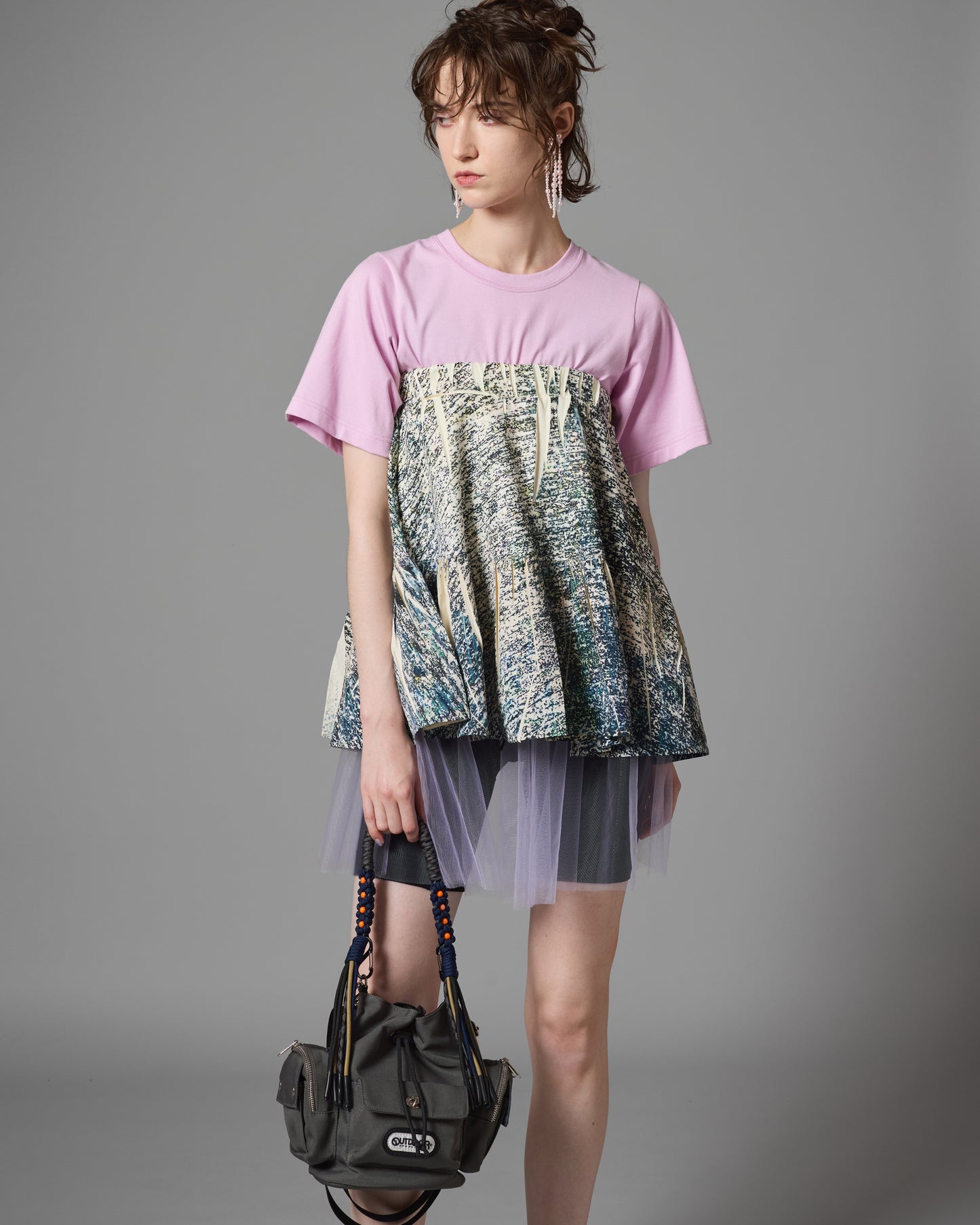 DIRECT PRINT RIB GATHER MINI SKIRT (NOISE)