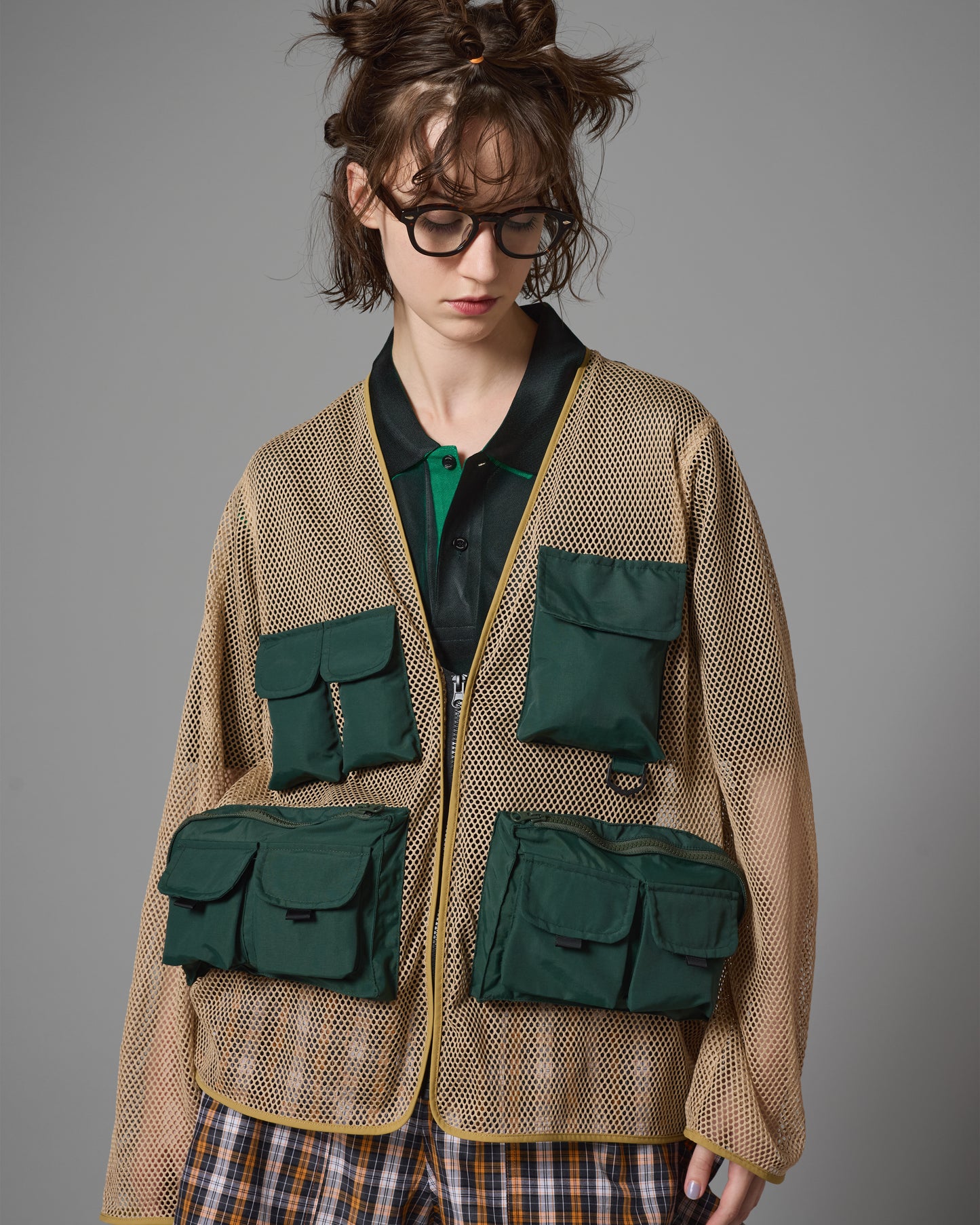 MULTI POCKET MESH JACKET (GREEN×BEIGE)