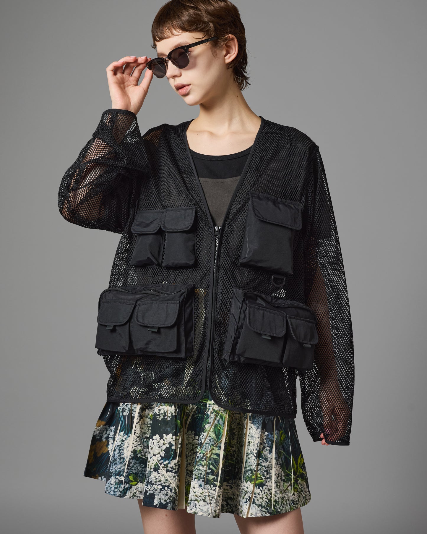 MULTI POCKET MESH JACKET (BLACK×BLACK)