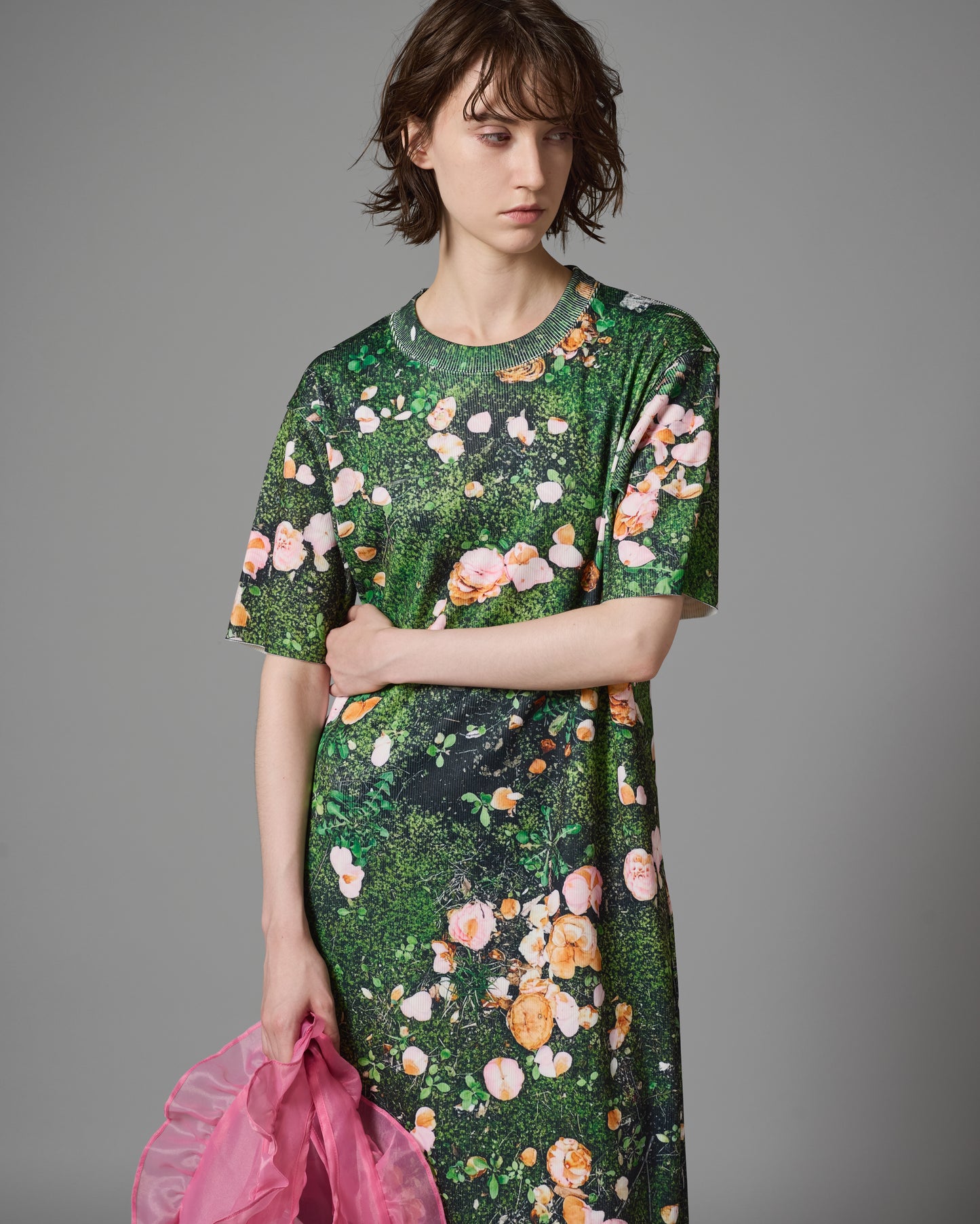 PRINT RIB HALF SLEEVE ONE-PIECE (MOSS)