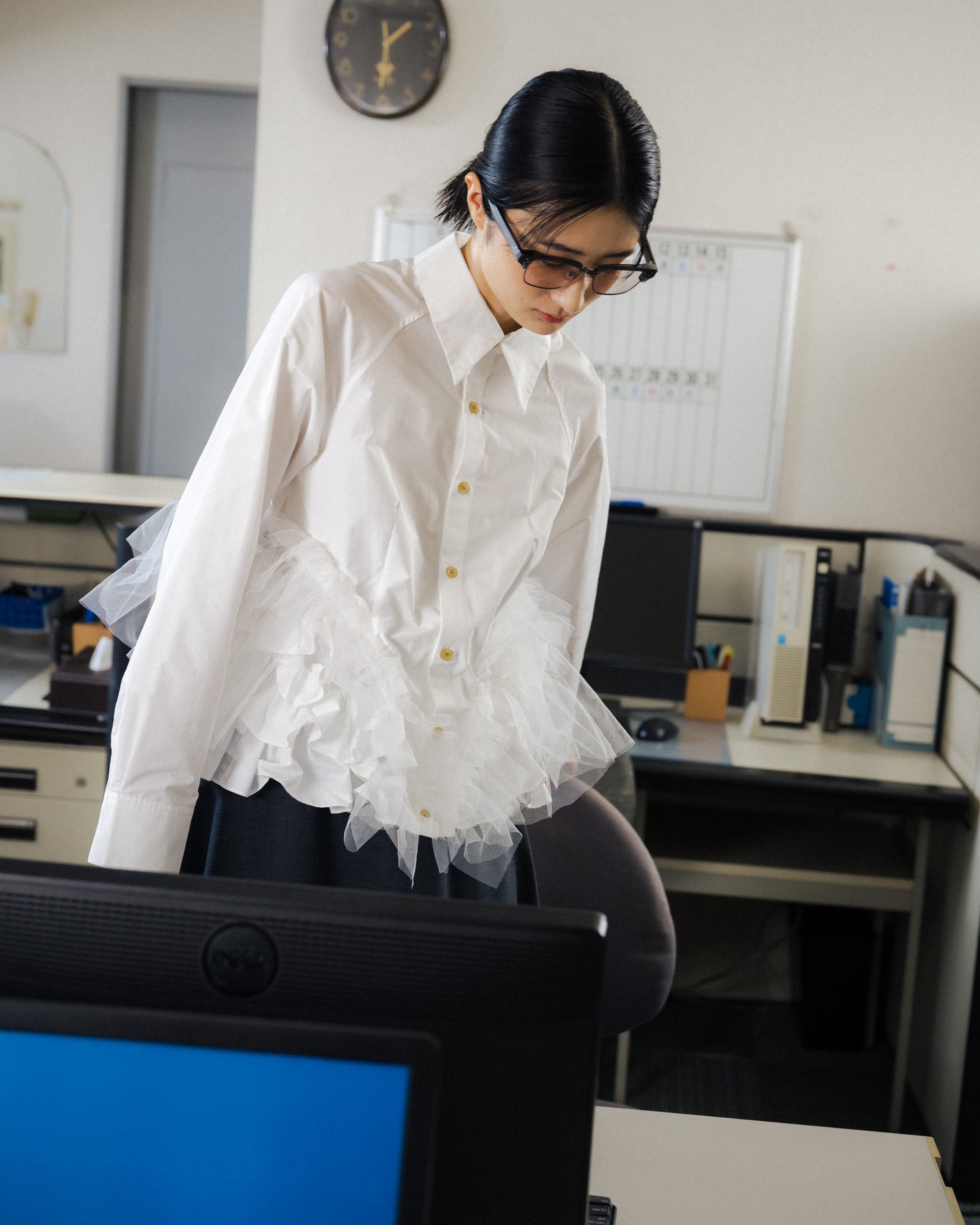 GATHER TULLE SHIRT (WHITE)