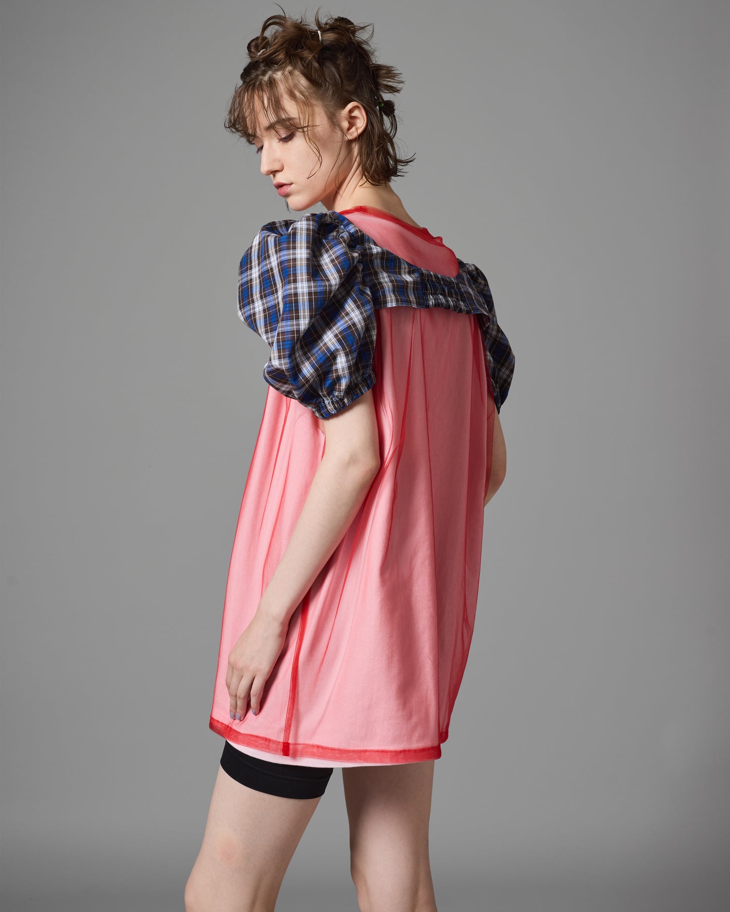 SHEER LAYER N/S T-SHIRT (PINK×RED)
