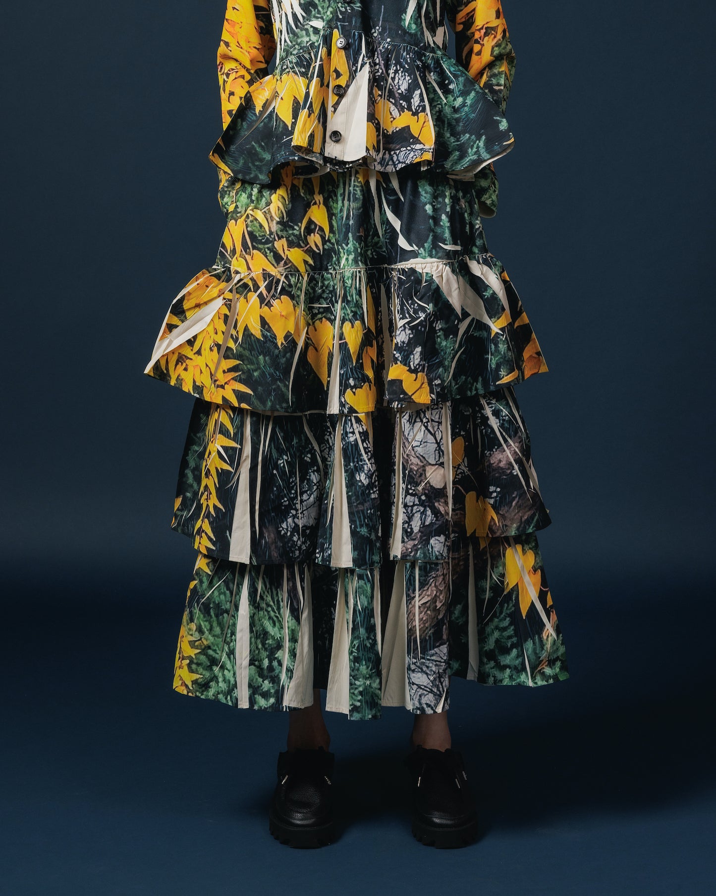 DIRECT PRINT RIB GATHER LONG SKIRT (YELLOW WOOD)