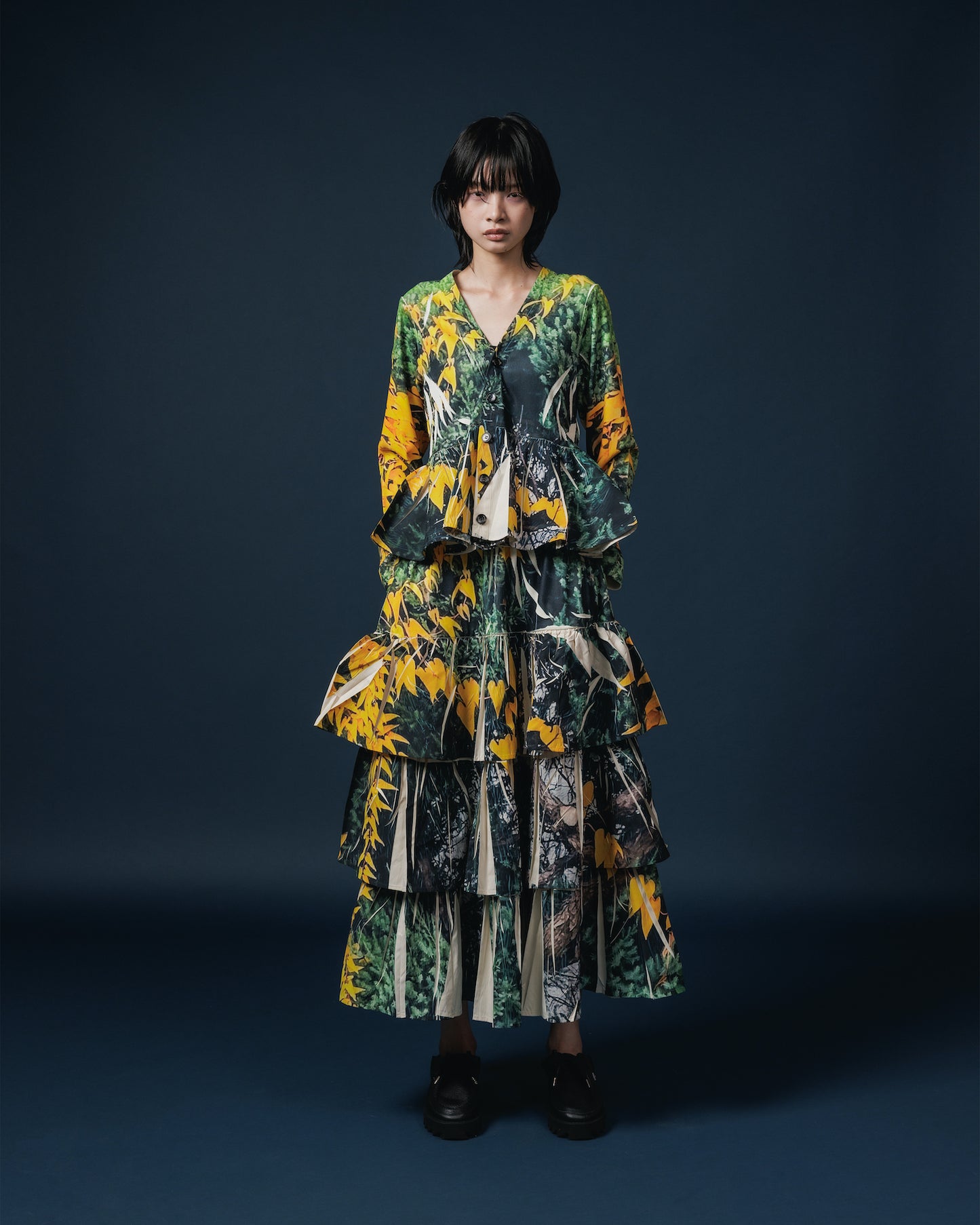 DIRECT PRINT RIB GATHER LONG SKIRT (YELLOW WOOD)
