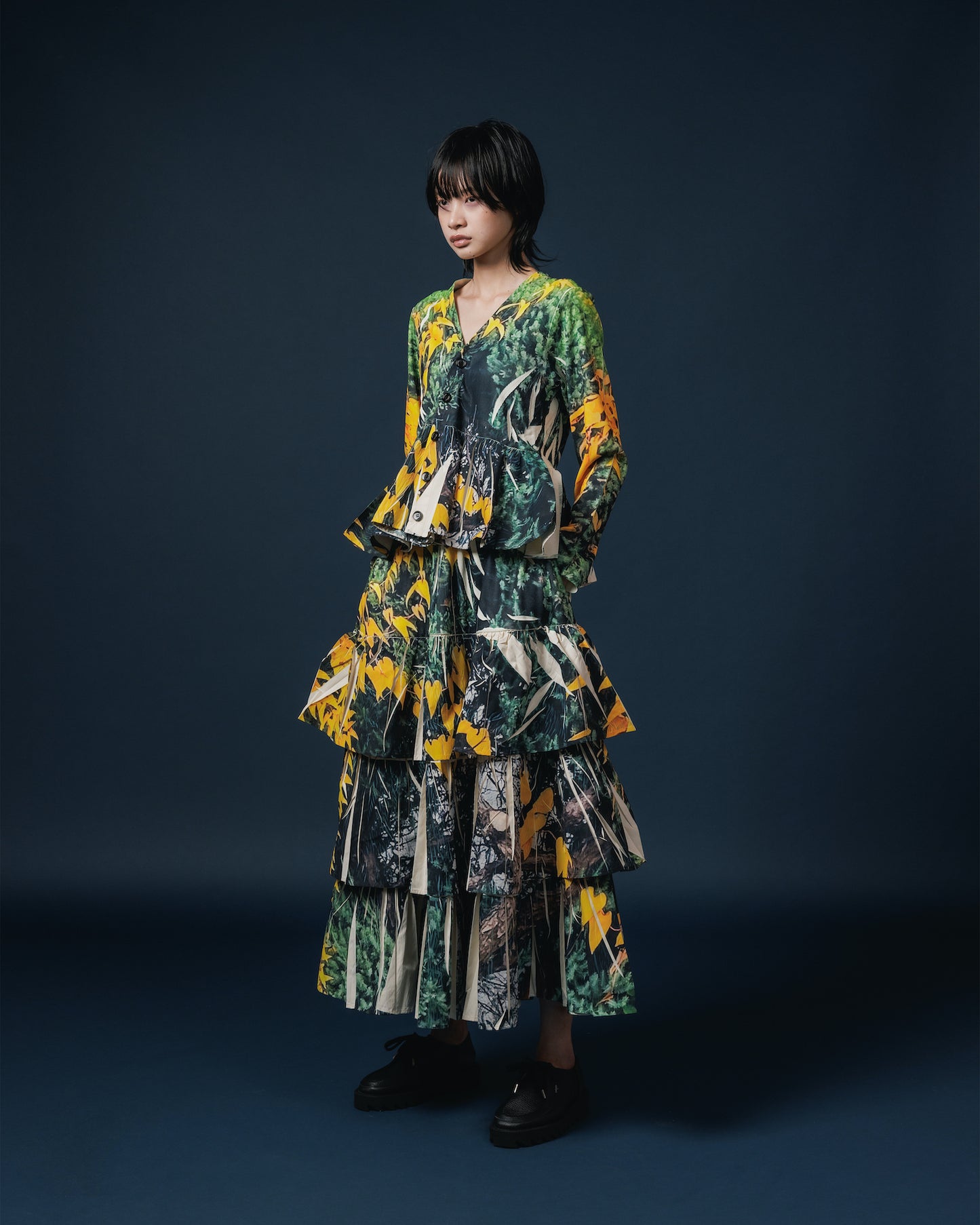 DIRECT PRINT RIB GATHER CARDIGAN (YELLOW WOOD)