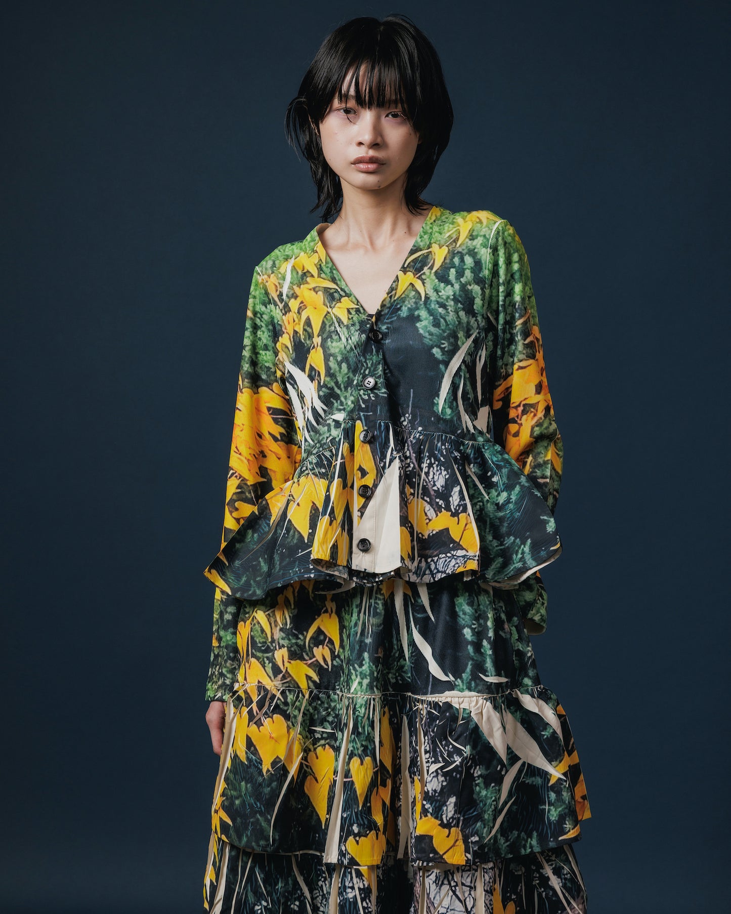 DIRECT PRINT RIB GATHER CARDIGAN (YELLOW WOOD)