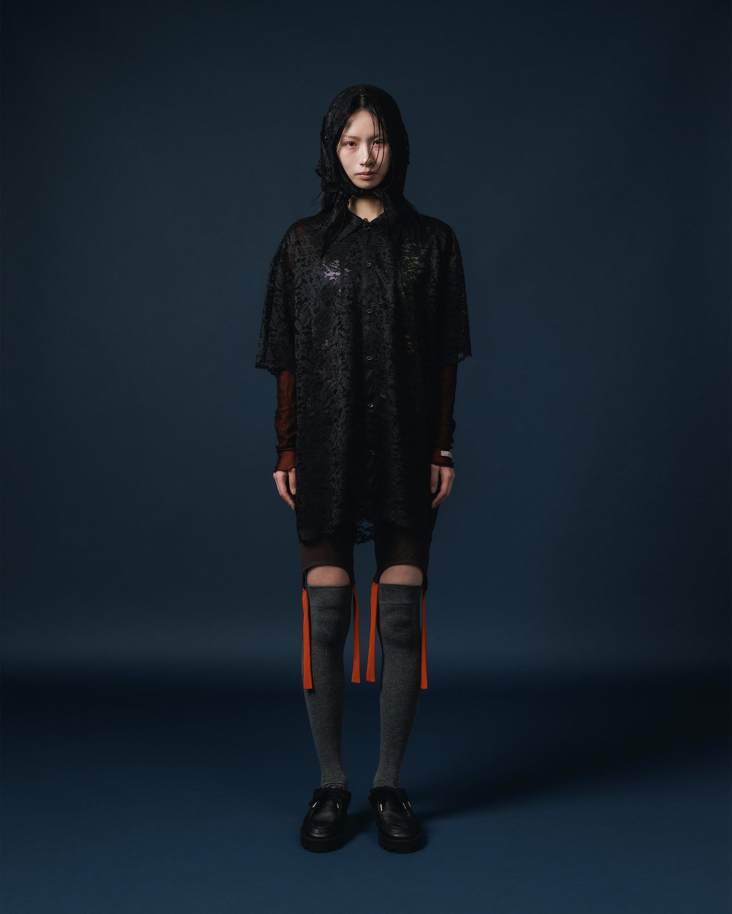 LACE HALF SLEEVE SHIRT & LACE SCARF (BLACK)