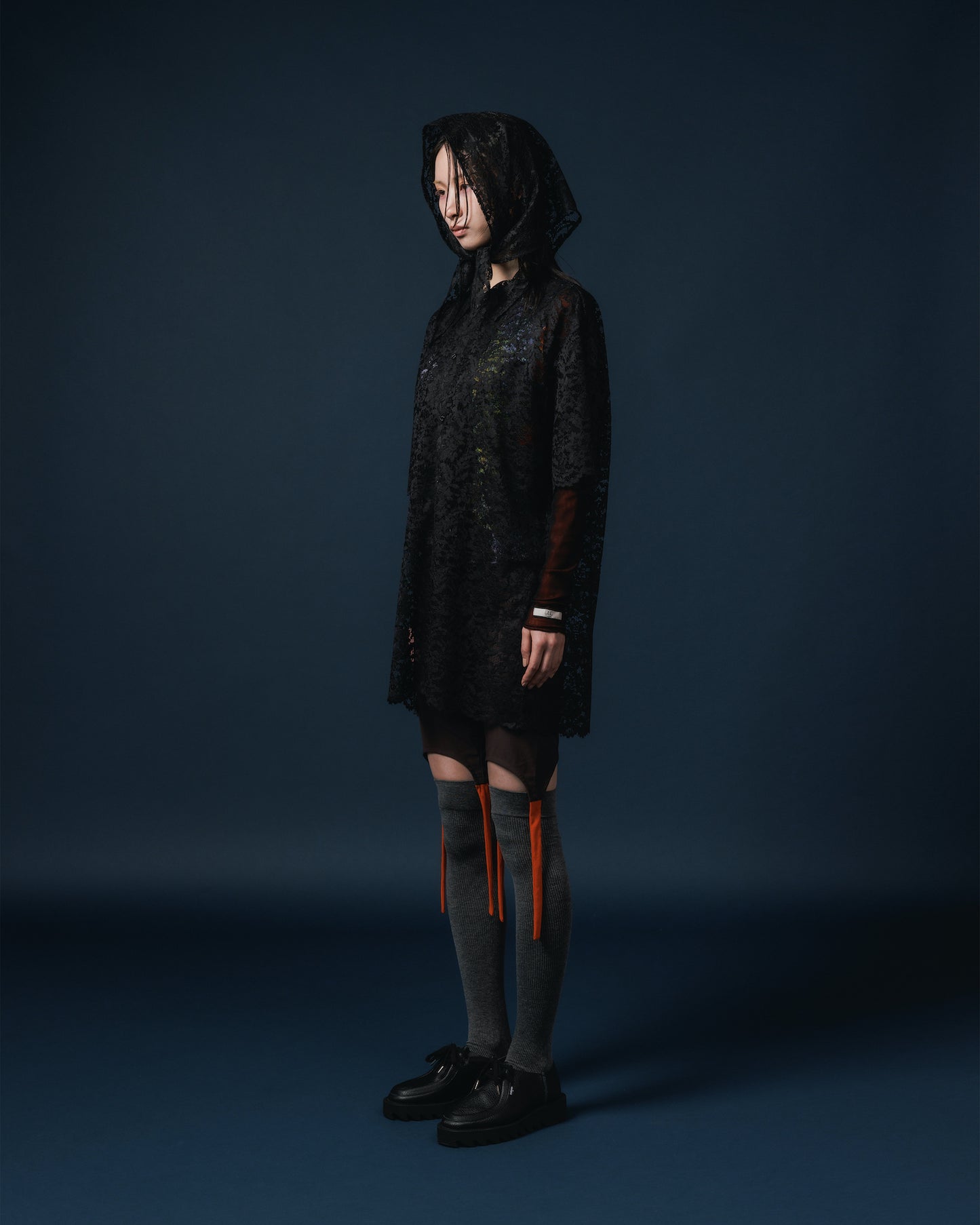 LACE HALF SLEEVE SHIRT & LACE SCARF (BLACK)