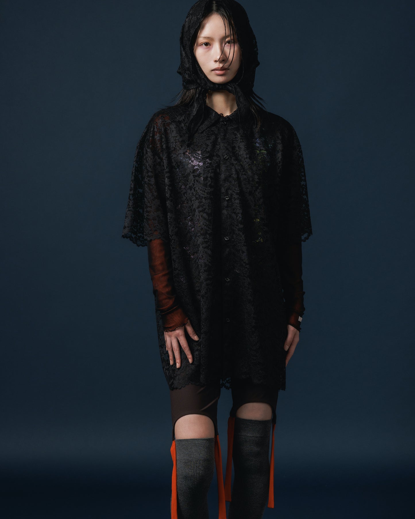LACE HALF SLEEVE SHIRT & LACE SCARF (BLACK)