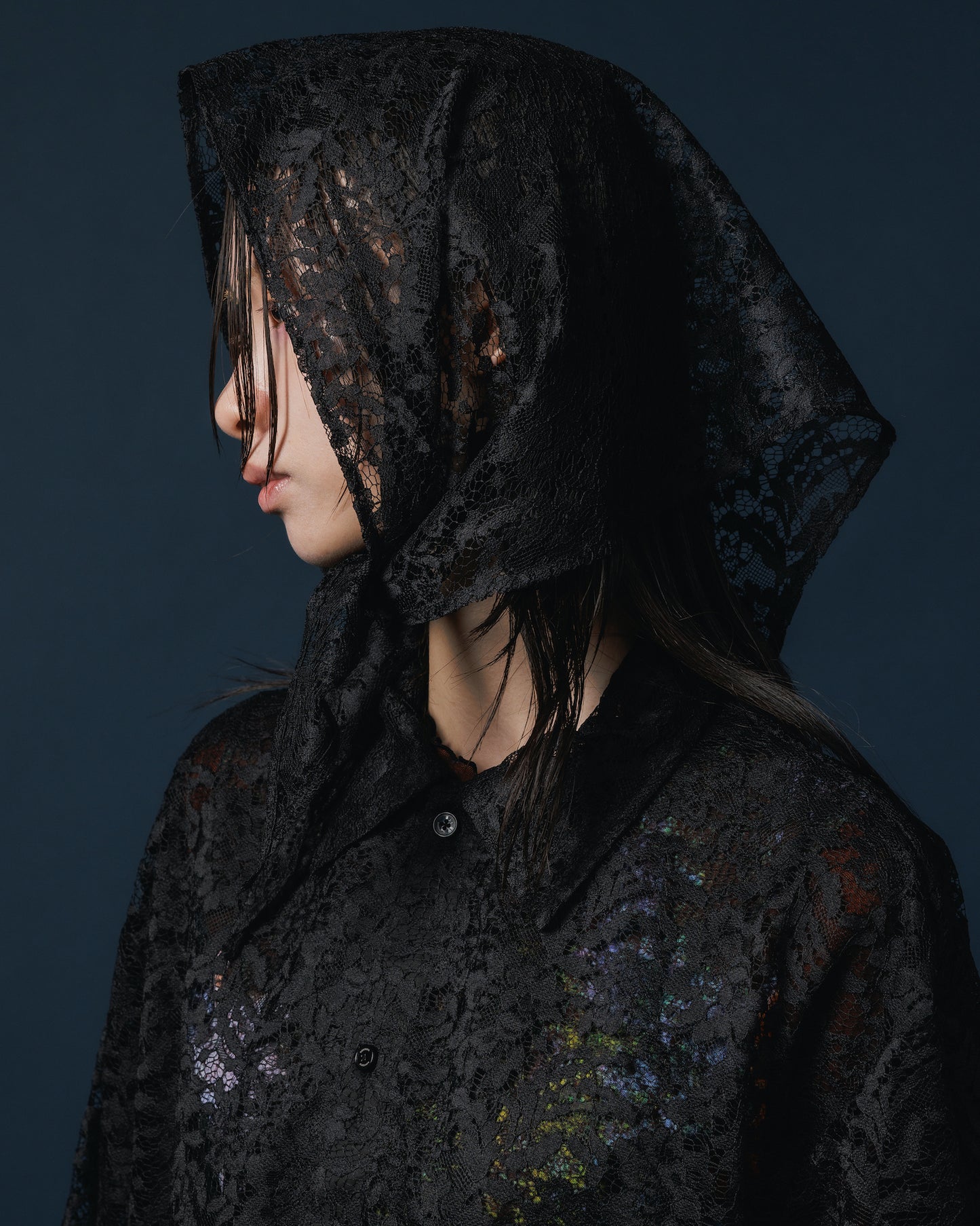 LACE HALF SLEEVE SHIRT & LACE SCARF (BLACK)