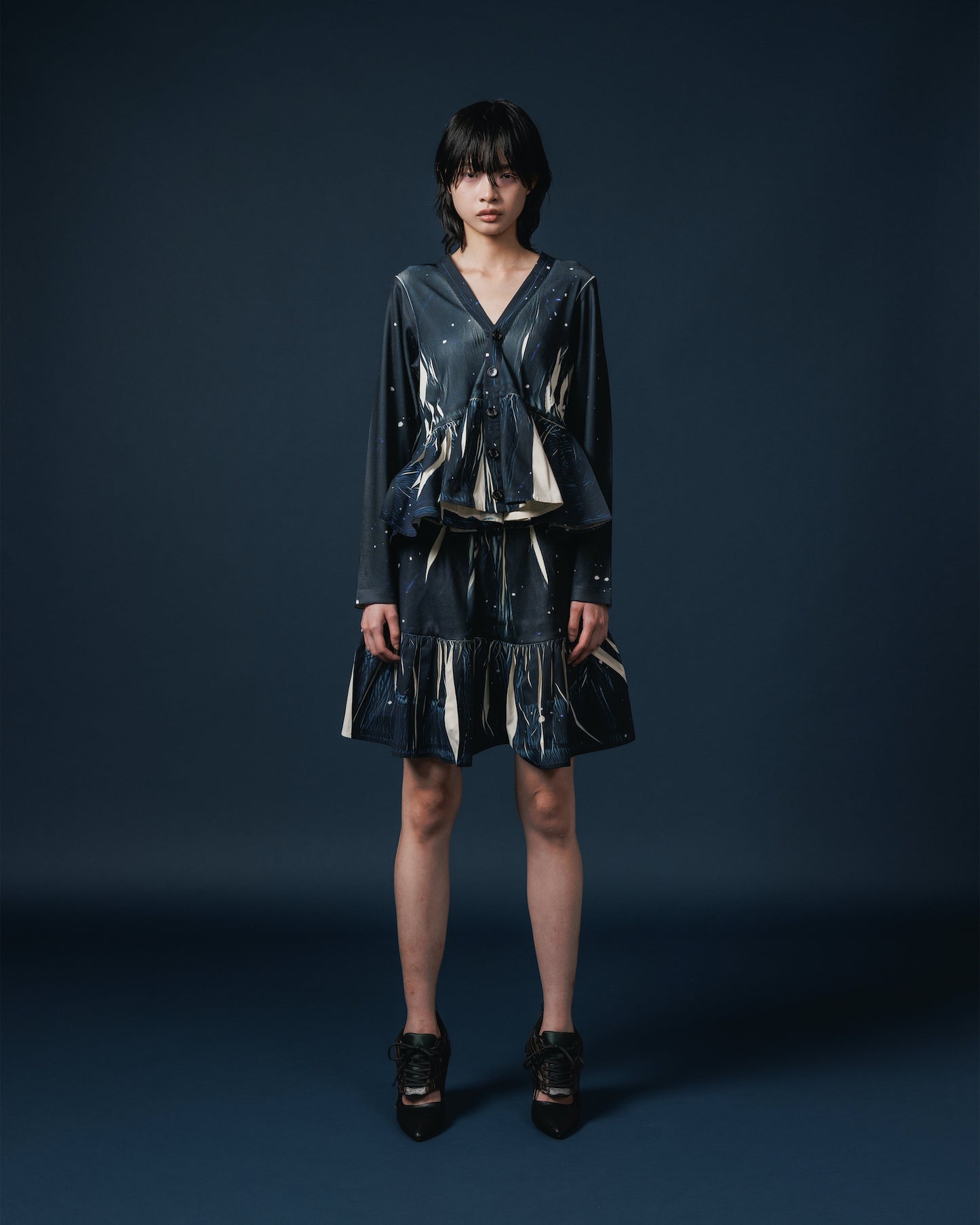 DIRECT PRINT RIB GATHER MINI SKIRT (STARRY SKY)