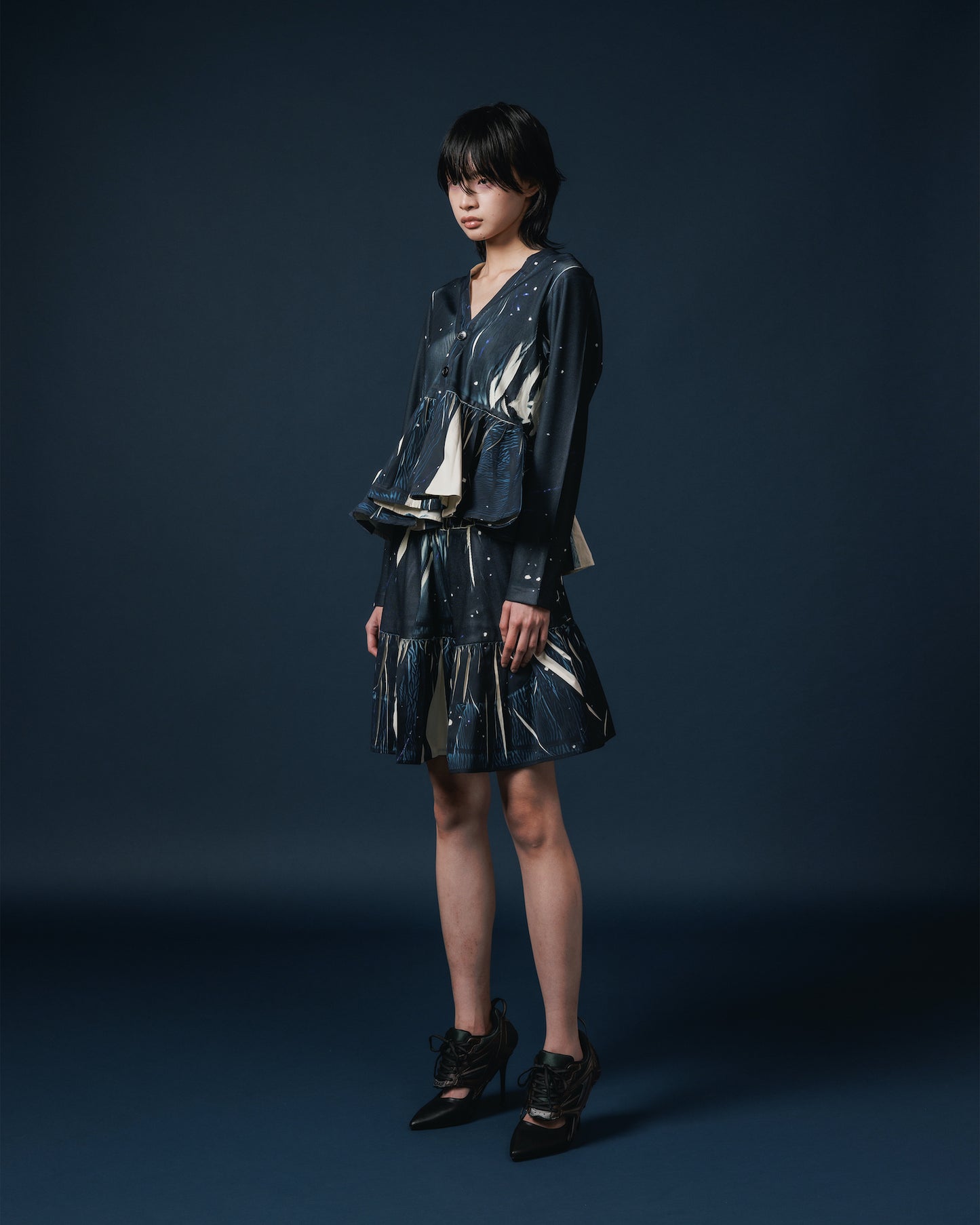 DIRECT PRINT RIB GATHER CARDIGAN (STARRY SKY)