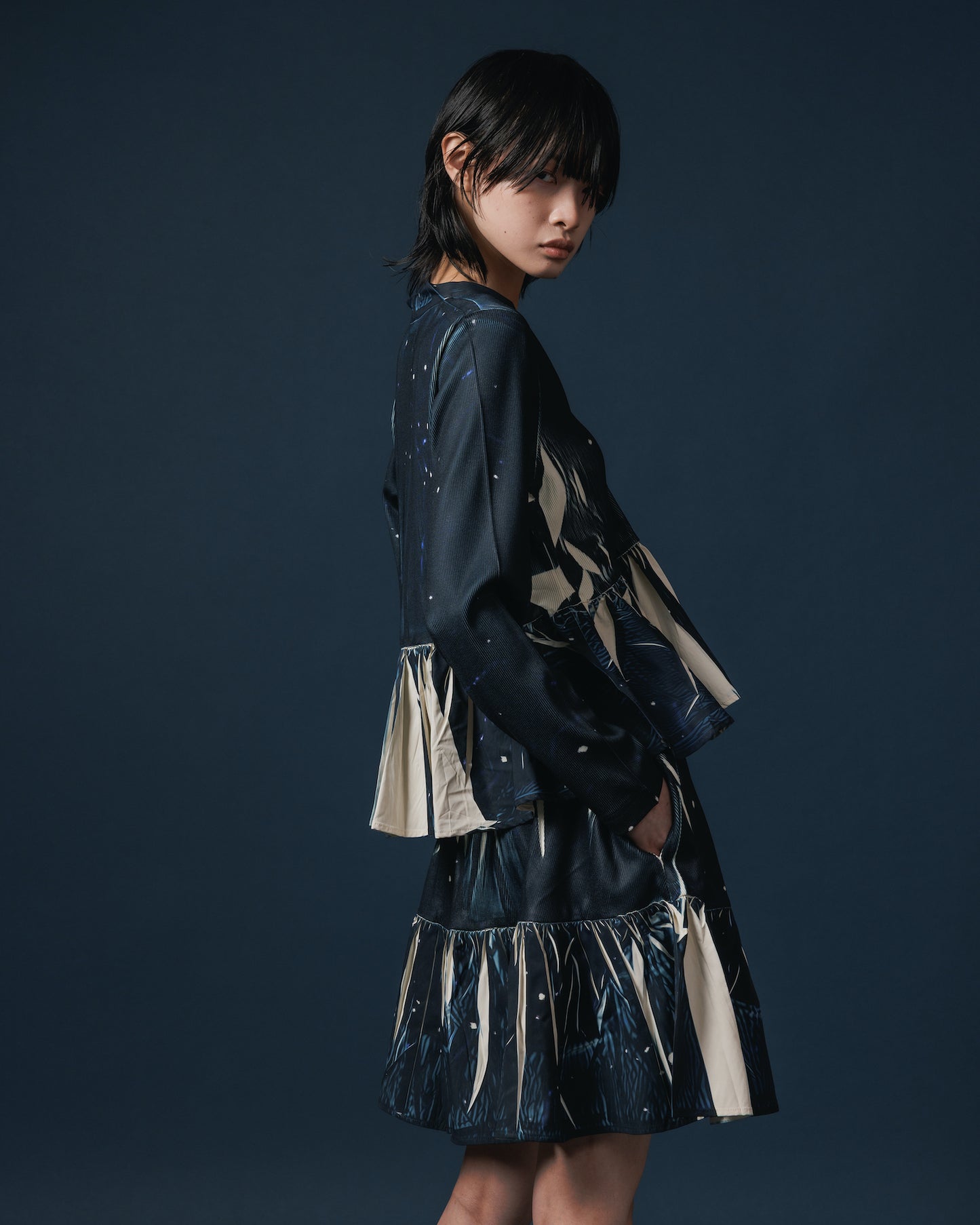 DIRECT PRINT RIB GATHER MINI SKIRT (STARRY SKY)