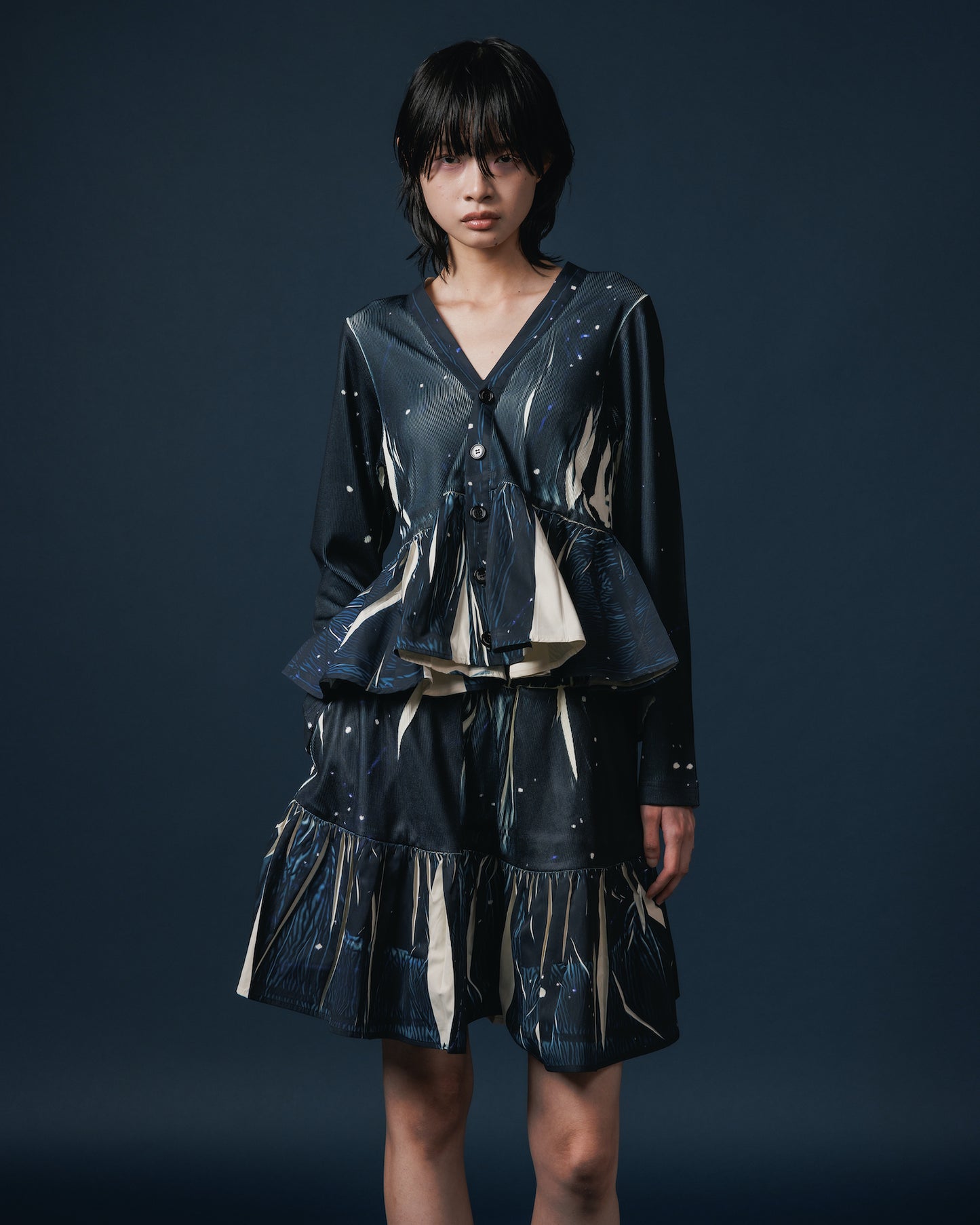 DIRECT PRINT RIB GATHER MINI SKIRT (STARRY SKY)