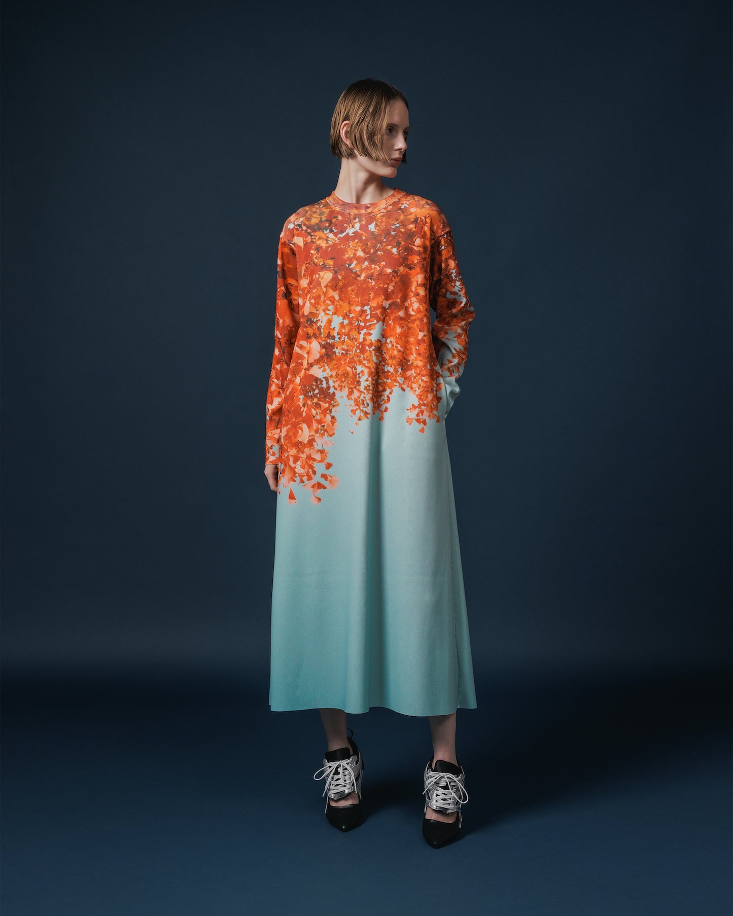 PRINT RIB L/S ONE-PIECE (GINKGO)