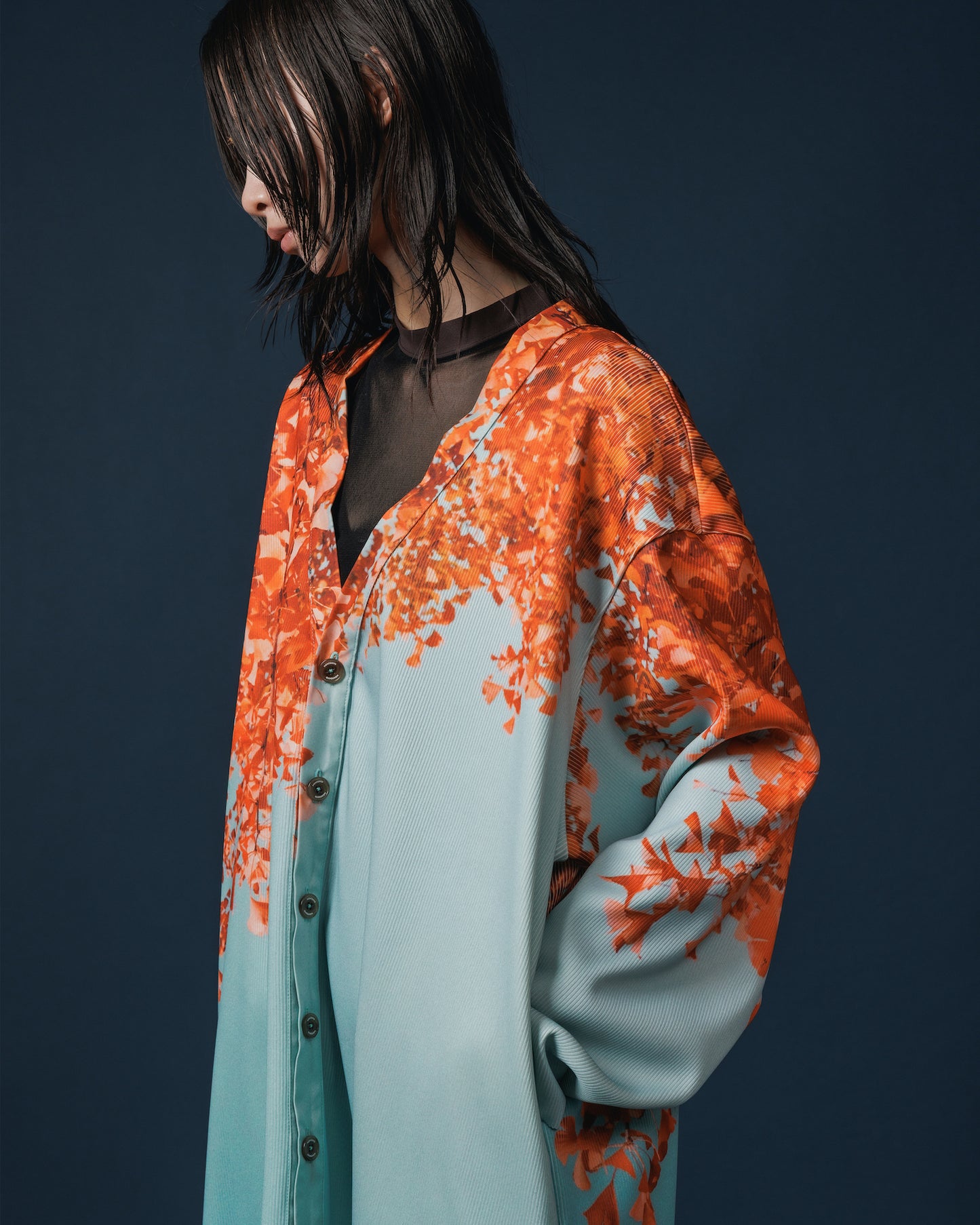 PRINT RIB BIG CARDIGAN (GINKGO)
