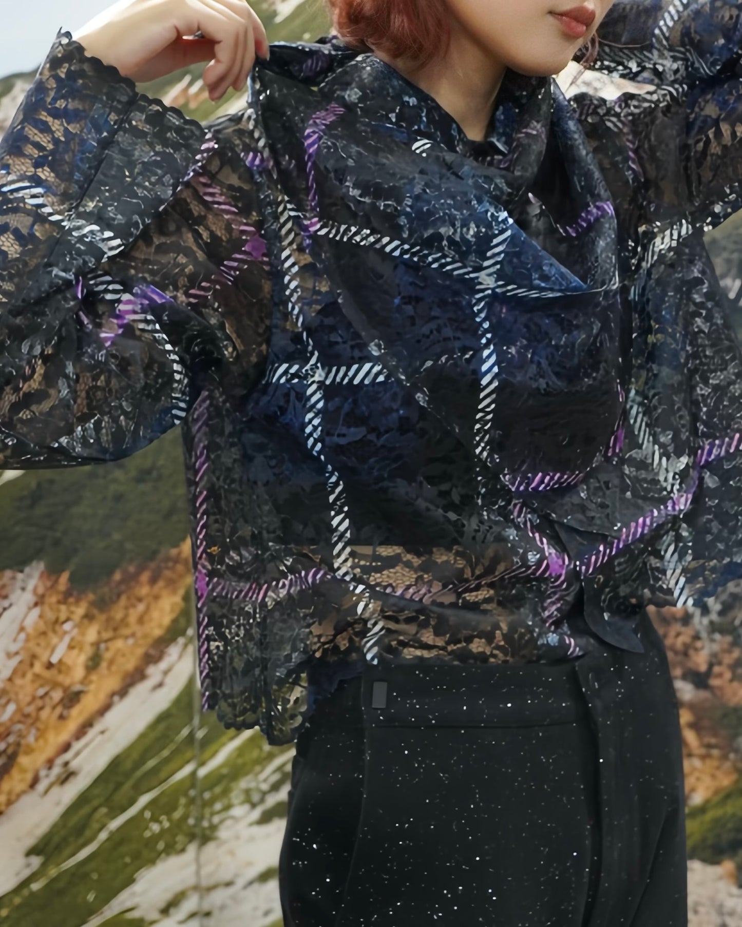 LACE LONG SLEEVE SHIRT & LACE SCARF (CHECK)