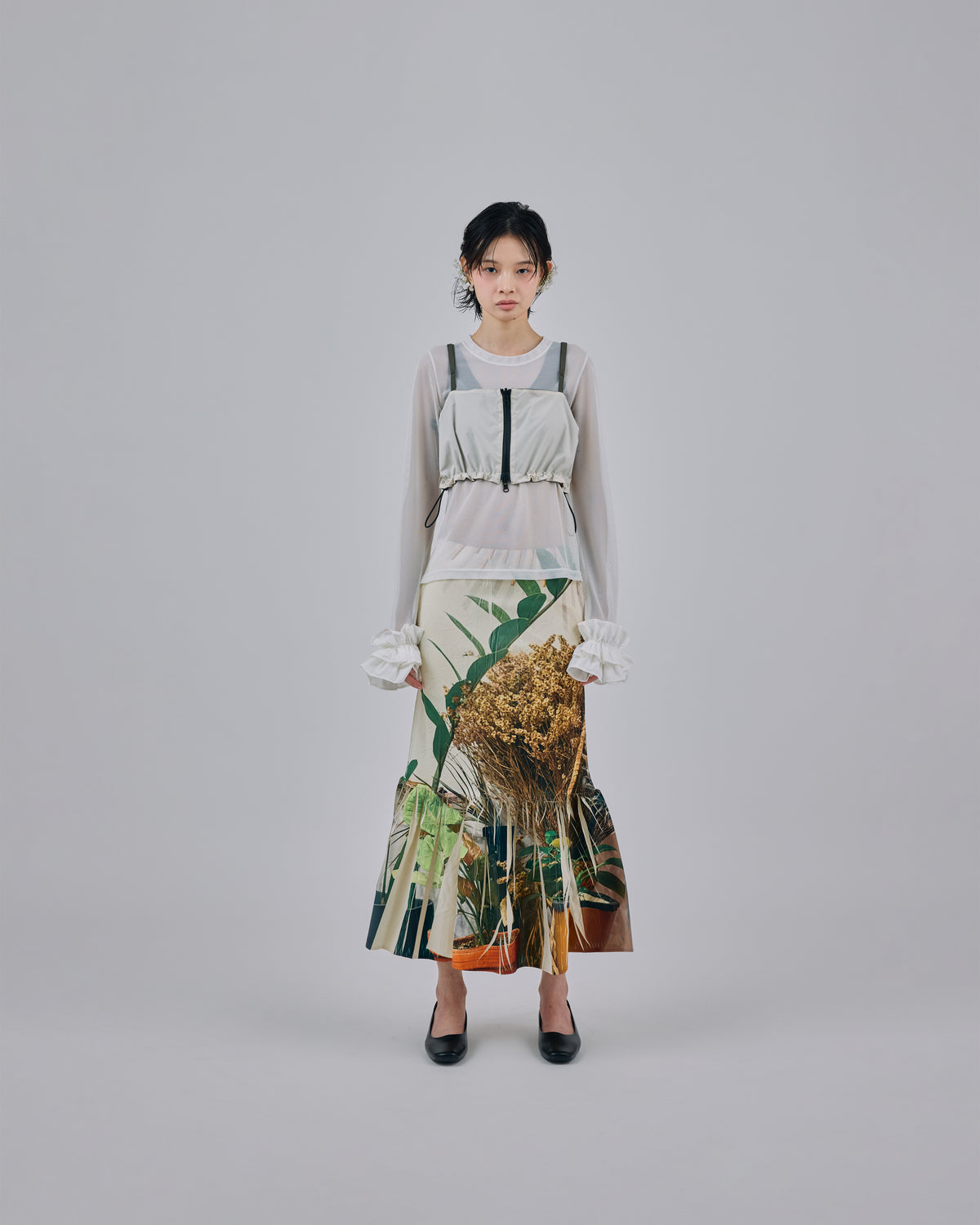 DIRECT PRINT RIB GATHER SKIRT (PLANTS)
