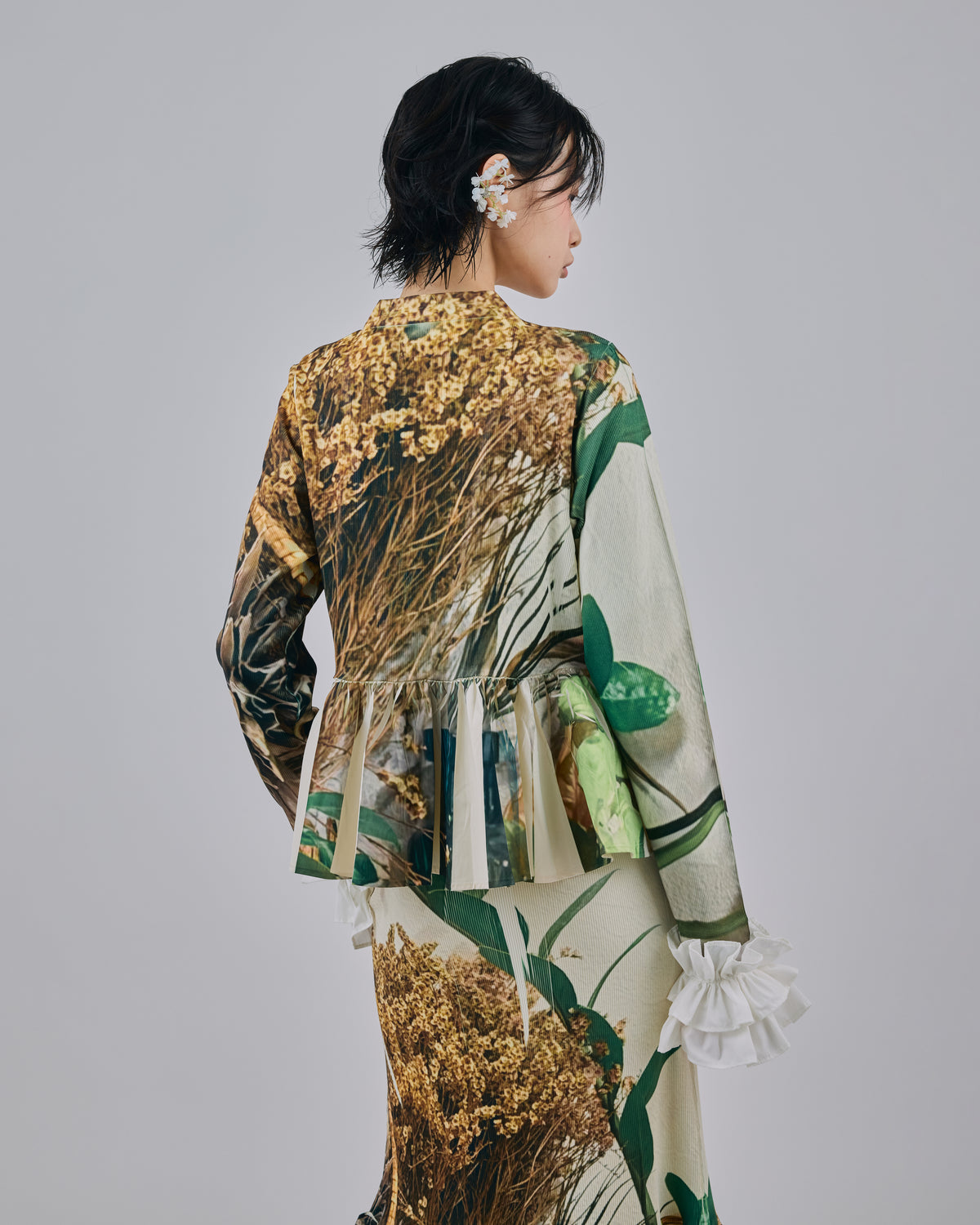 DIRECT PRINT RIB GATHER CARDIGAN (PLANTS)