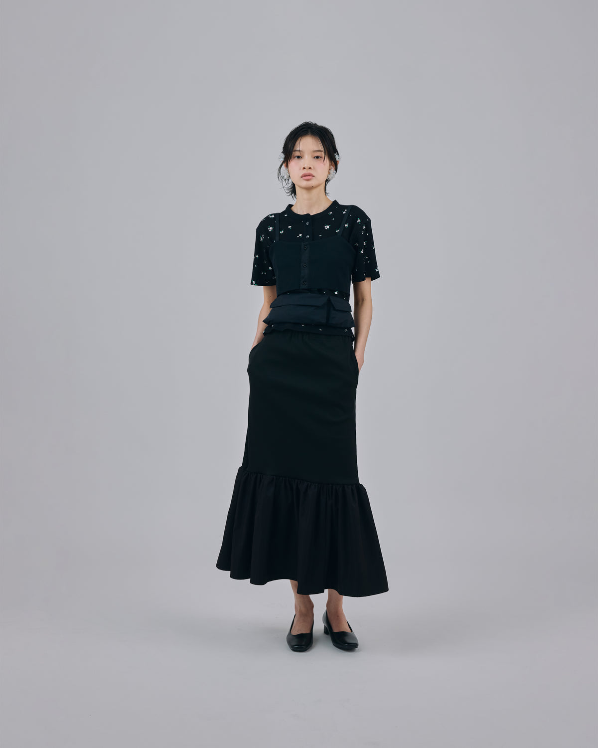 DIRECT PRINT RIB GATHER SKIRT (BLACK)