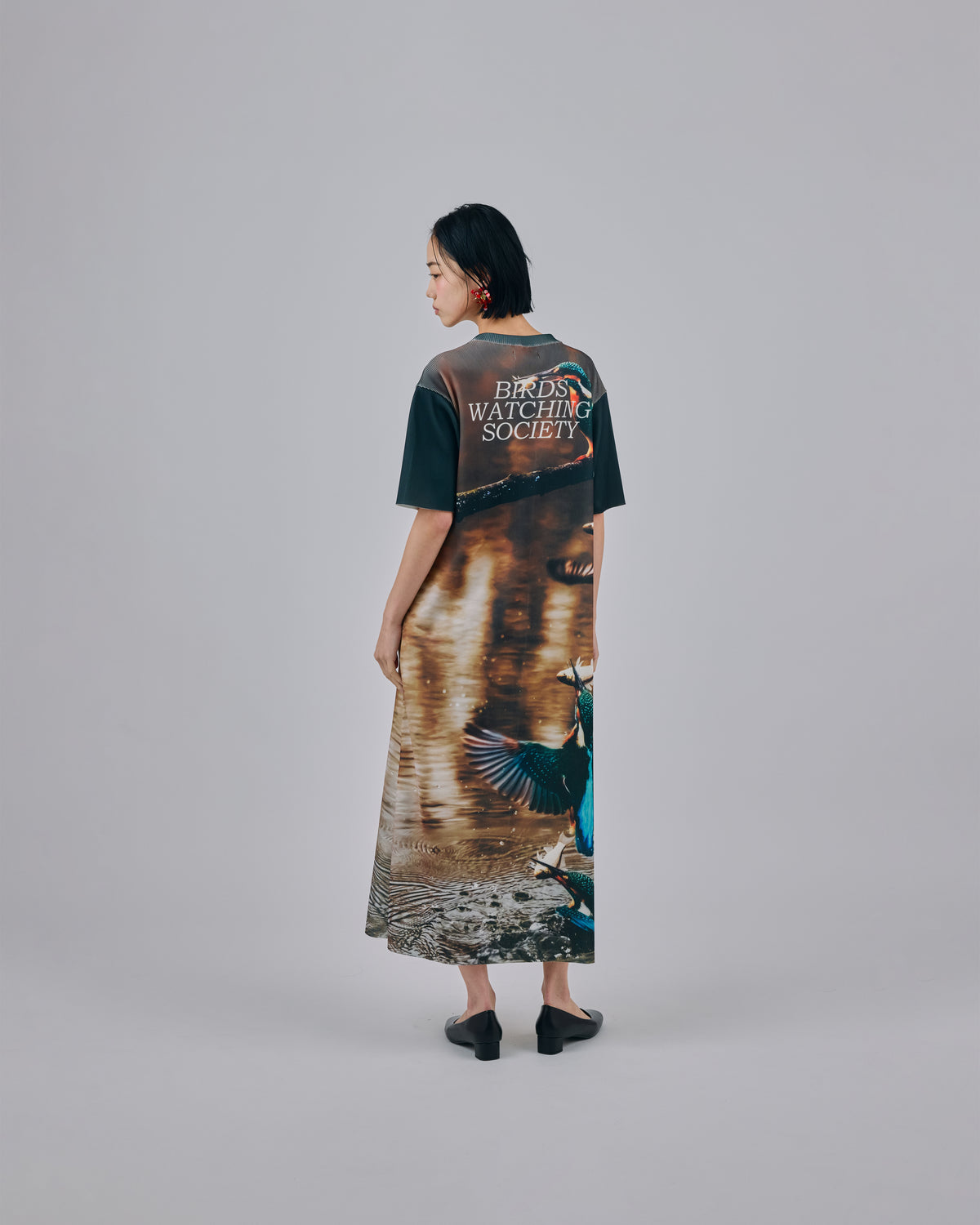 PRINT RIB HALF SLEEVE ONE-PIECE (BIRD)