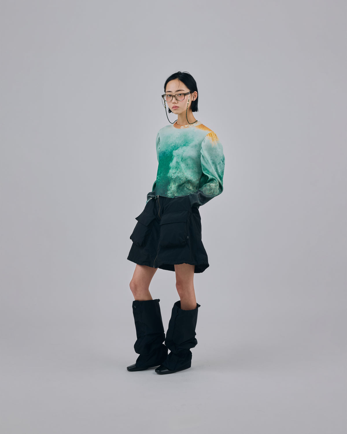 PRINT RIB PUFF SLEEVE C/S (WAVE)