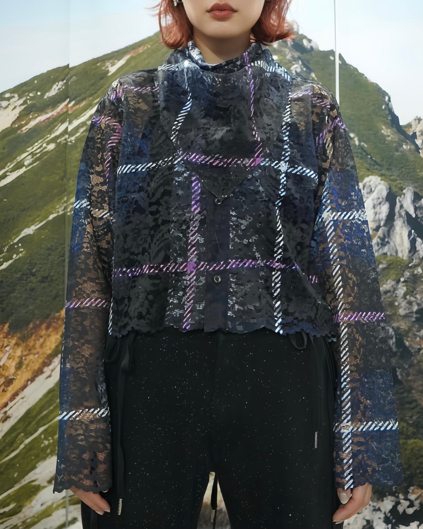 LACE LONG SLEEVE SHIRT & LACE SCARF (CHECK)