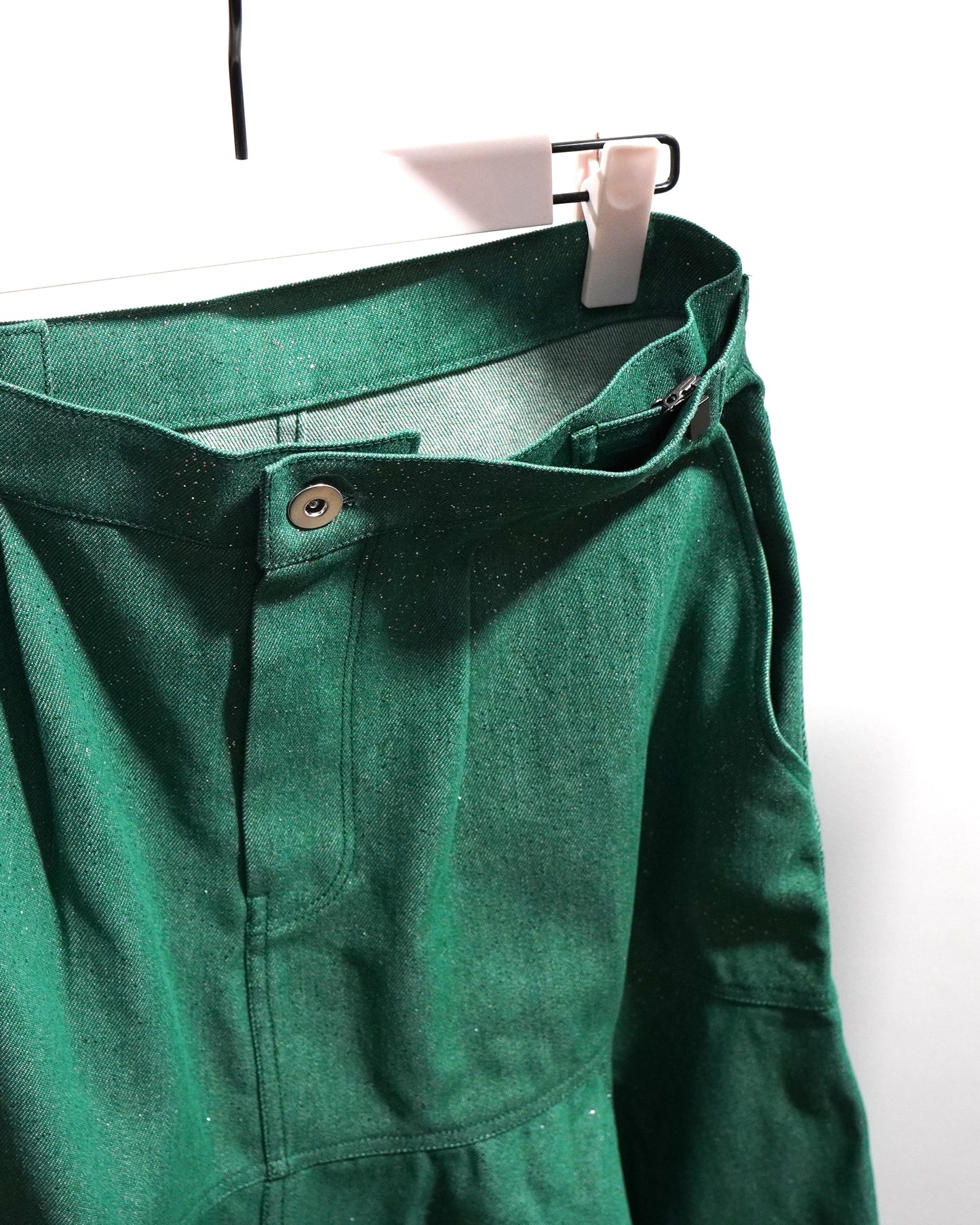 LAME DENIM FLARE SKIRT (GREEN)