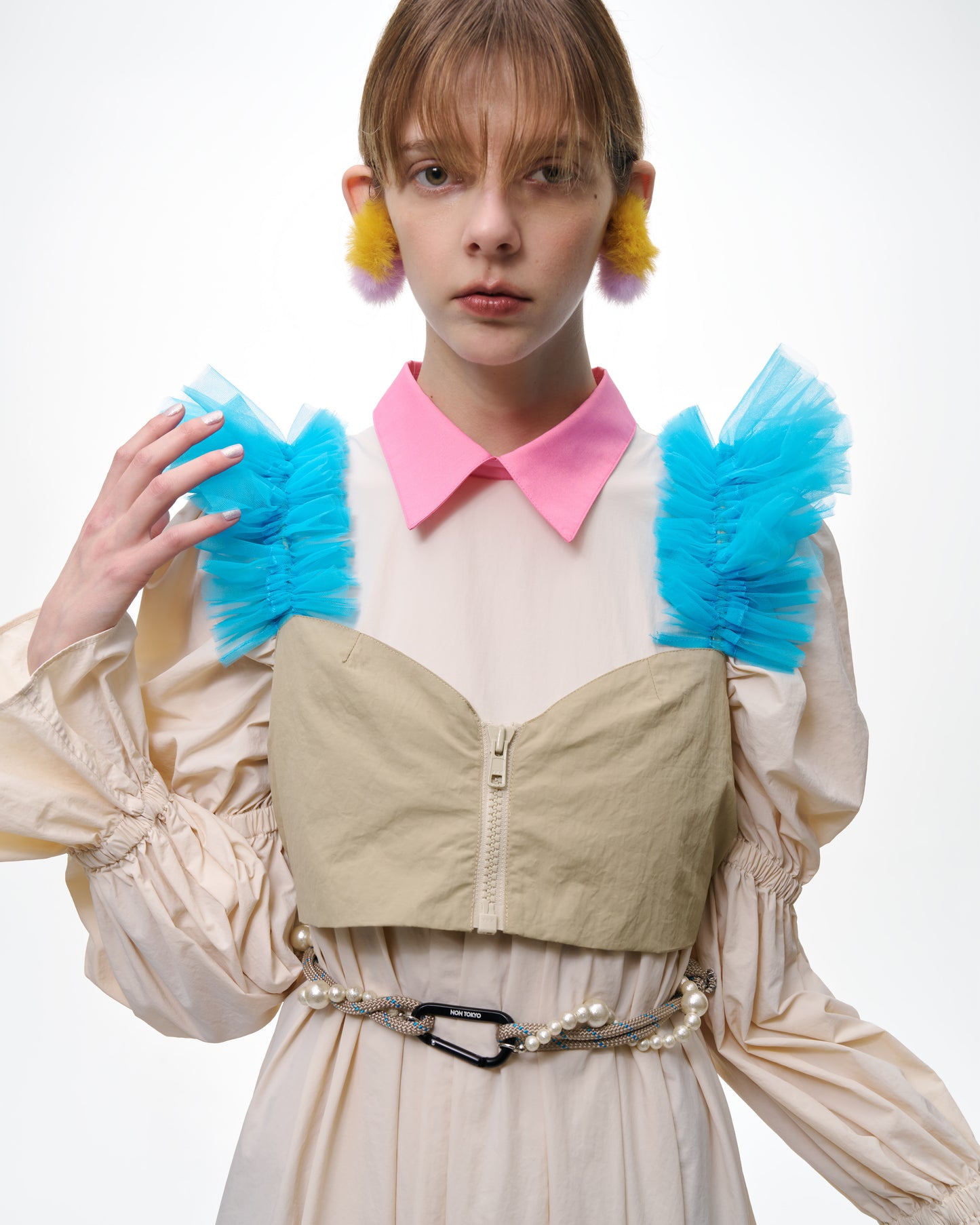 NON TOKYO / POWER SHOULDER WASHER SHIRT ONE-PIECE (IVORY) / <NON TOKYO> Power shoulder washer shirt one-piece (ivory)