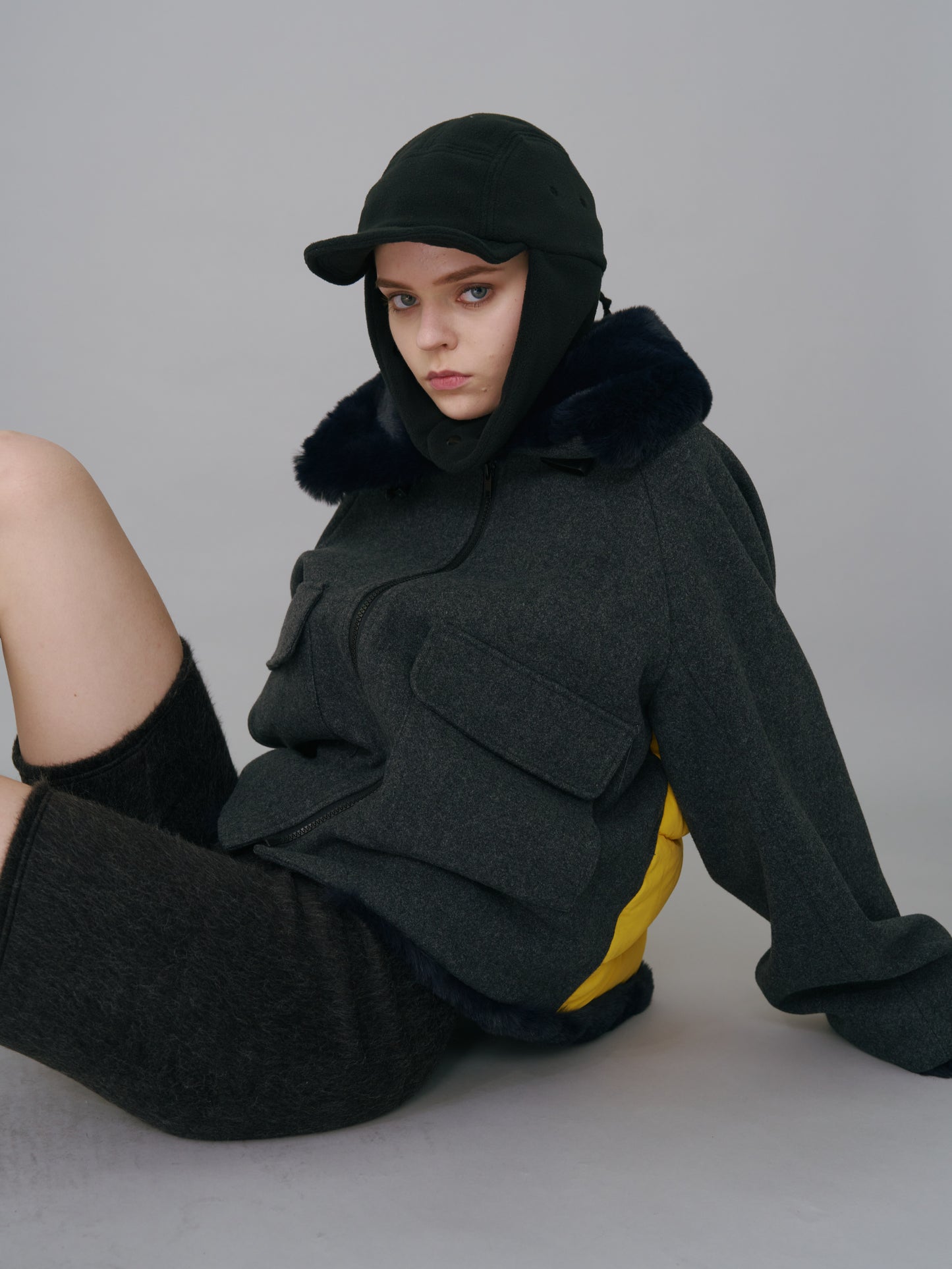 AVIATOR FUR JACKET (GRAY×YELLOW)