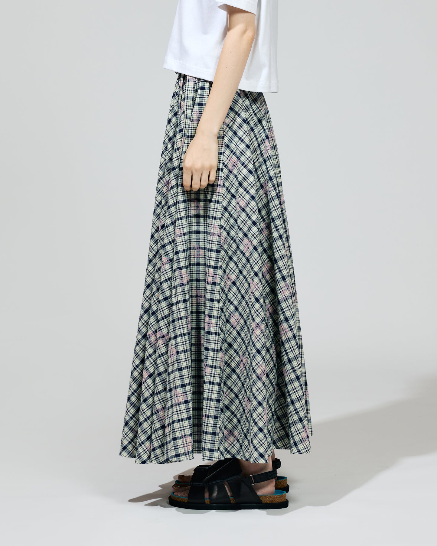 FLOCKED PRINT LONG SKIRT (CHECK)