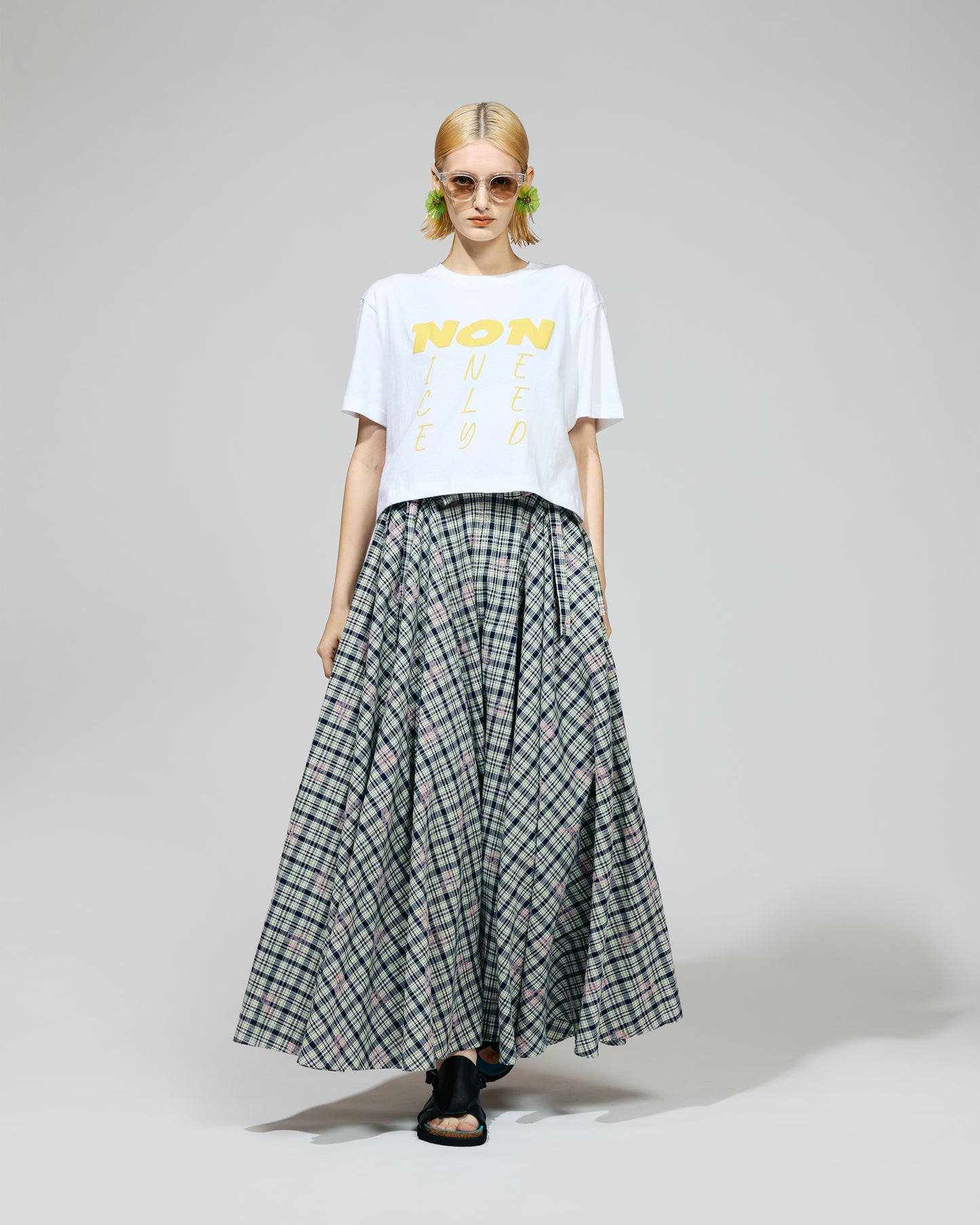 FLOCKED PRINT LONG SKIRT (CHECK)