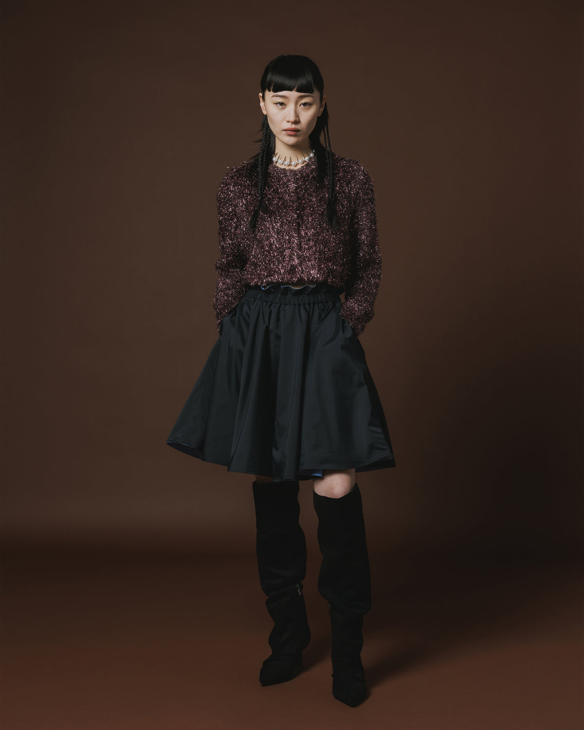 GLITTER SHAGGY KNIT CARDIGAN (BLACK PINK)