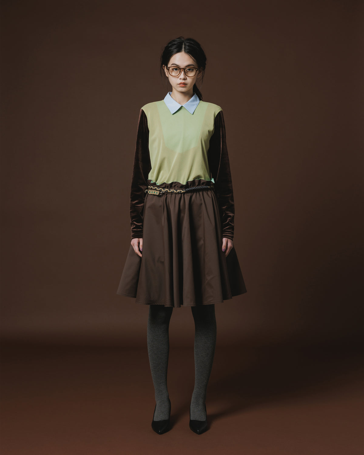 VELVET SLEEVE SHEER C/S (L.GREENxBROWN)