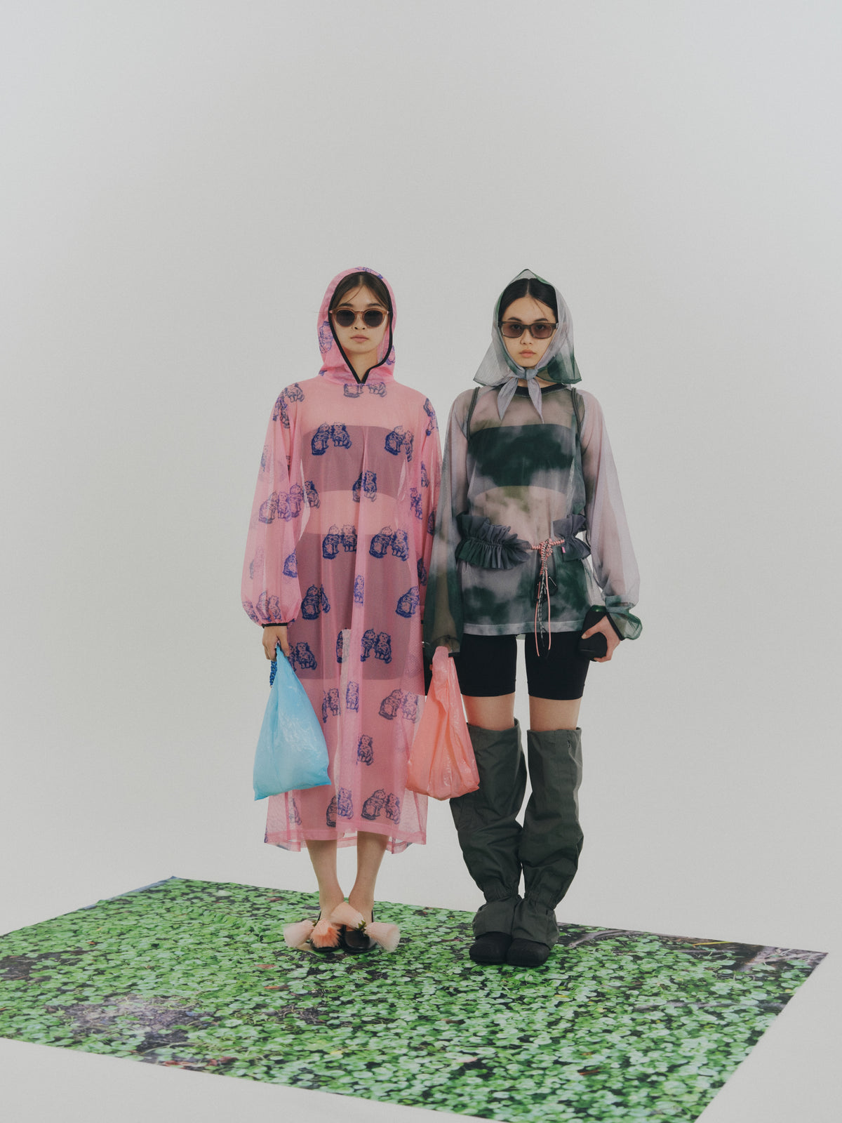 PRINT MESH PULLOVER & SCARF (GREEN)