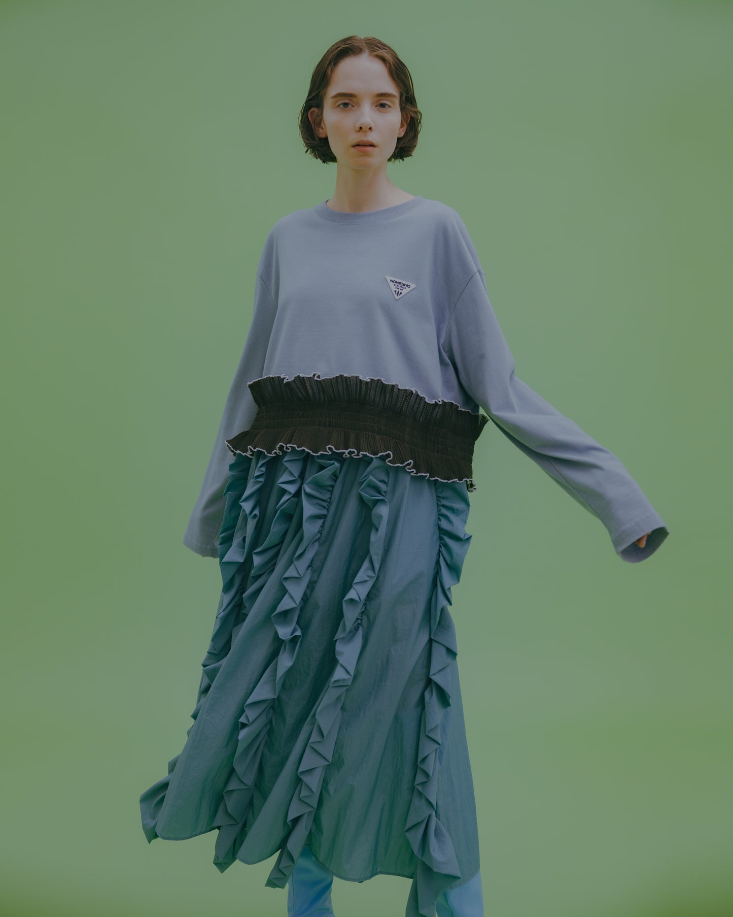 NON TOKYO / PLEATS FRILL LONG C/S (BLUE) / <NON TOKYO> Pleated frill long sleeve cut and sew (blue)