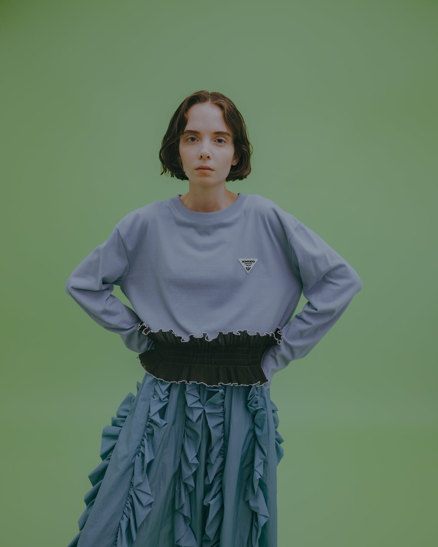 NON TOKYO / PLEATS FRILL LONG C/S (BLUE) / <NON TOKYO> Pleated frill long sleeve cut and sew (blue)