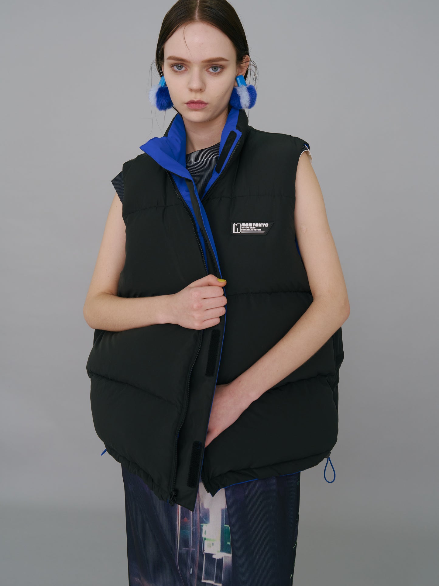 NON TOKYOxUNIVERSAL OVERALL / REVERSIBLE DOWN VEST (BLUE×BLACK)