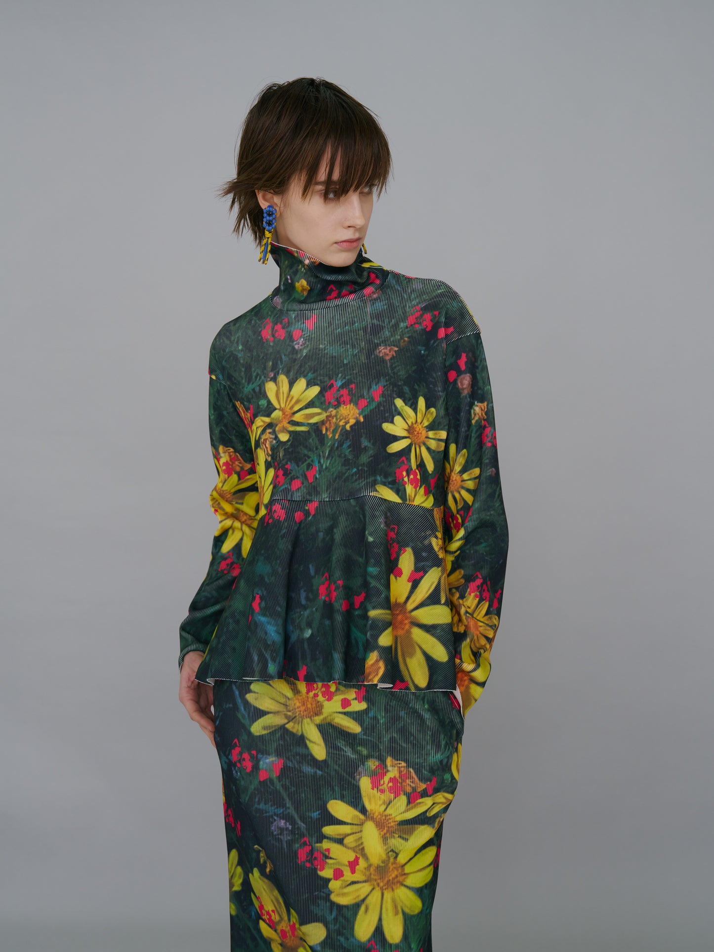 NON TOKYO / PRINT RIB HI-NECK TOP (YELLOW FLOWER)