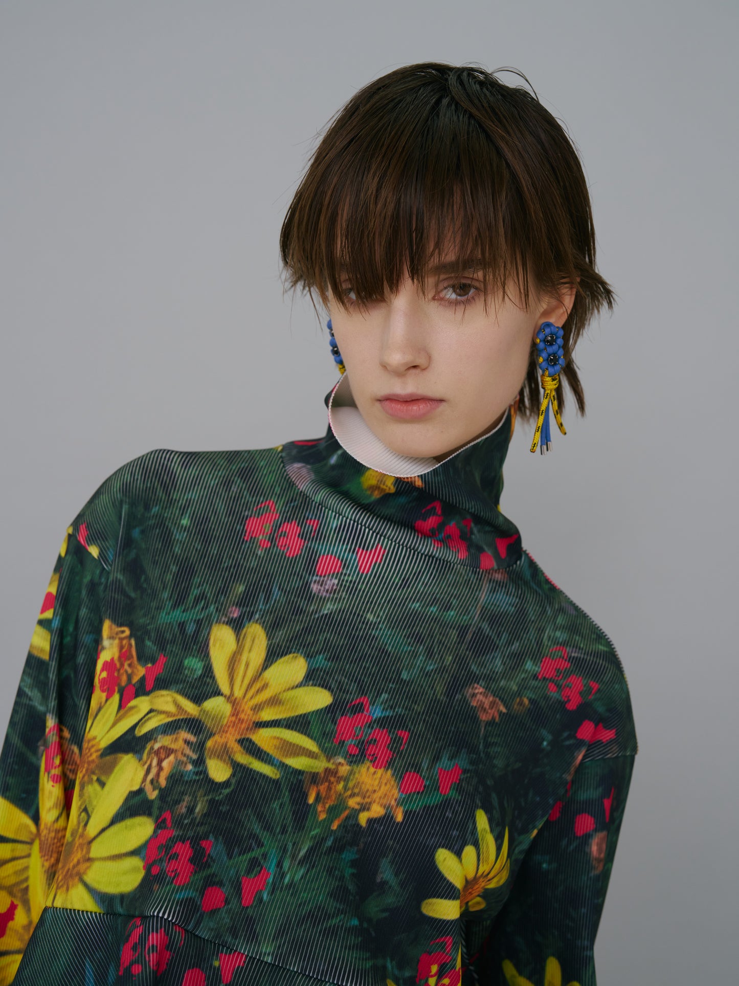 NON TOKYO / PRINT RIB HI-NECK TOP (YELLOW FLOWER)