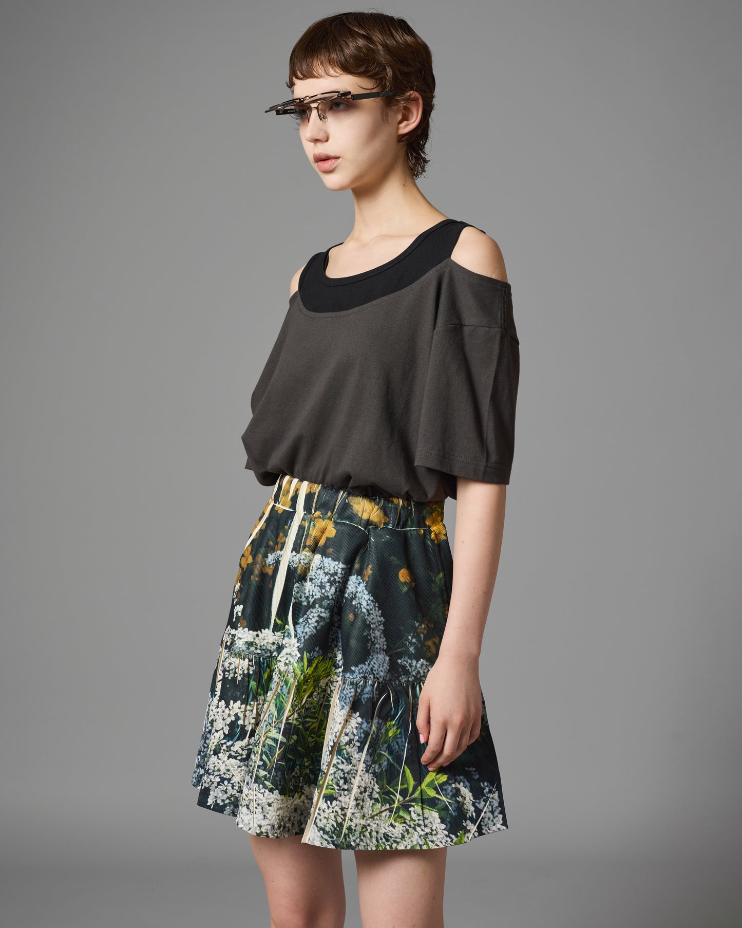[PRE ORDER] DIRECT PRINT RIB GATHER MINI SKIRT (FLOWER)