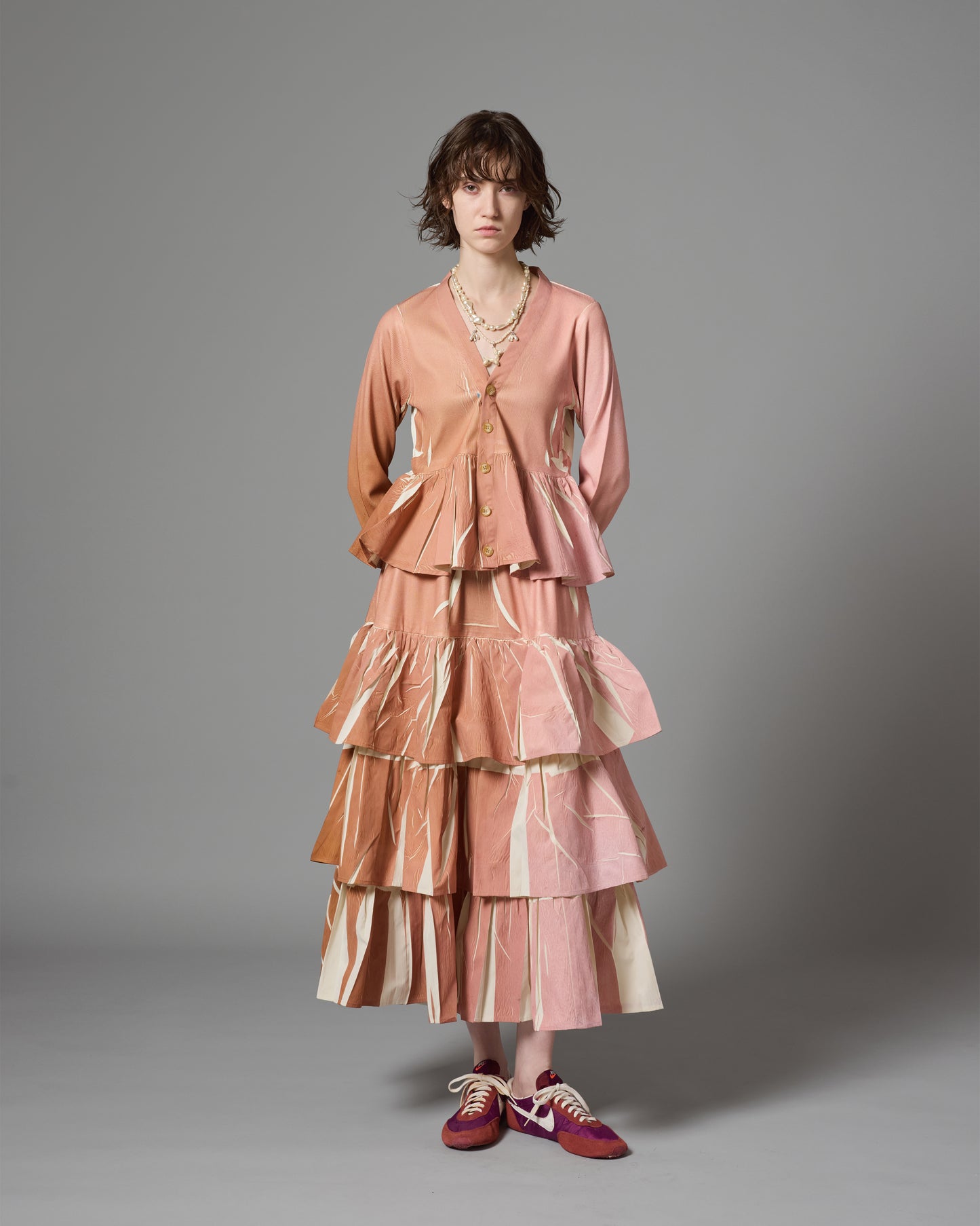 [PRE ORDER] DIRECT PRINT RIB GATHER LONG SKIRT (PINK)