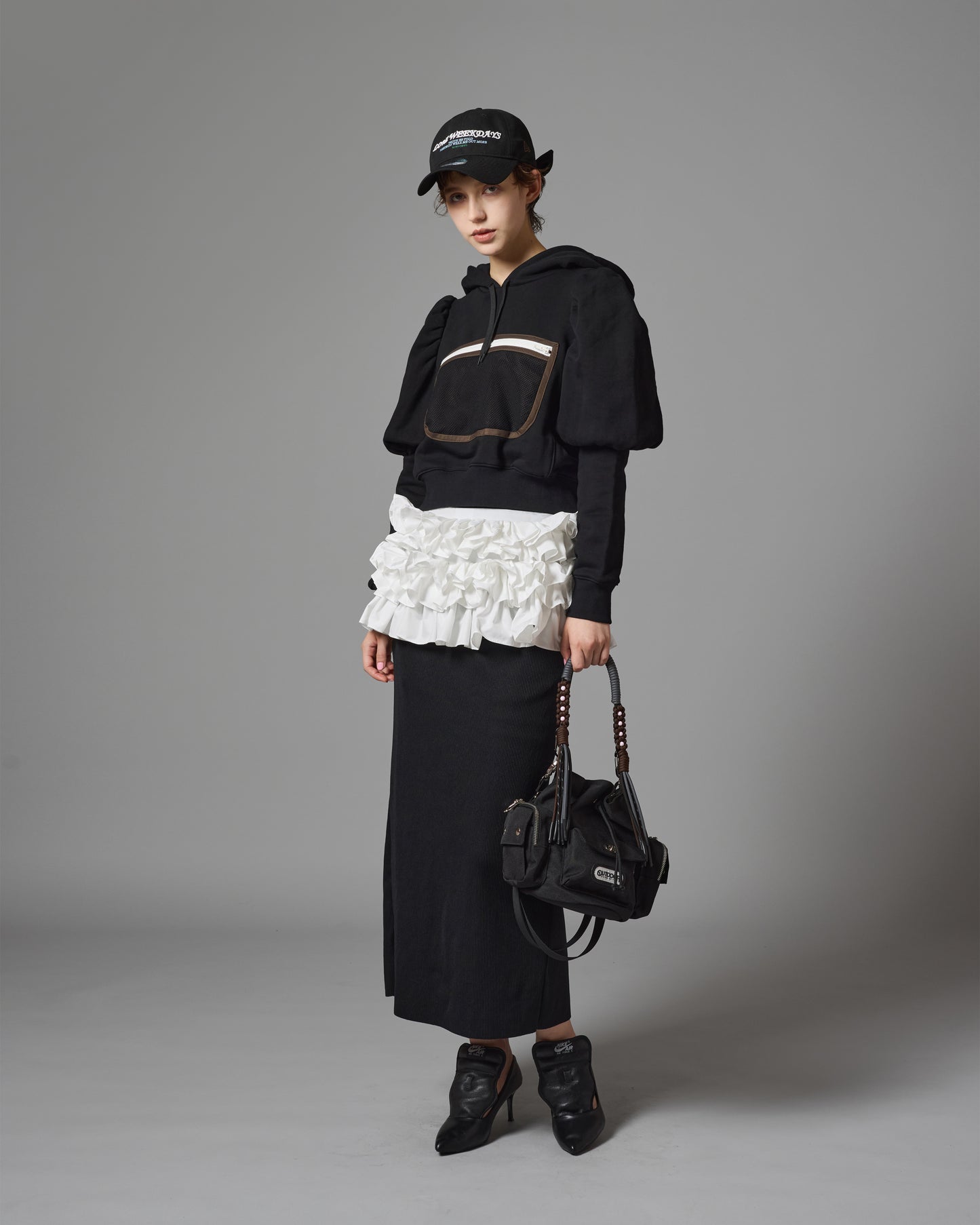 MESH POCKET PUFF SLEEVE PARKA (BLACK)