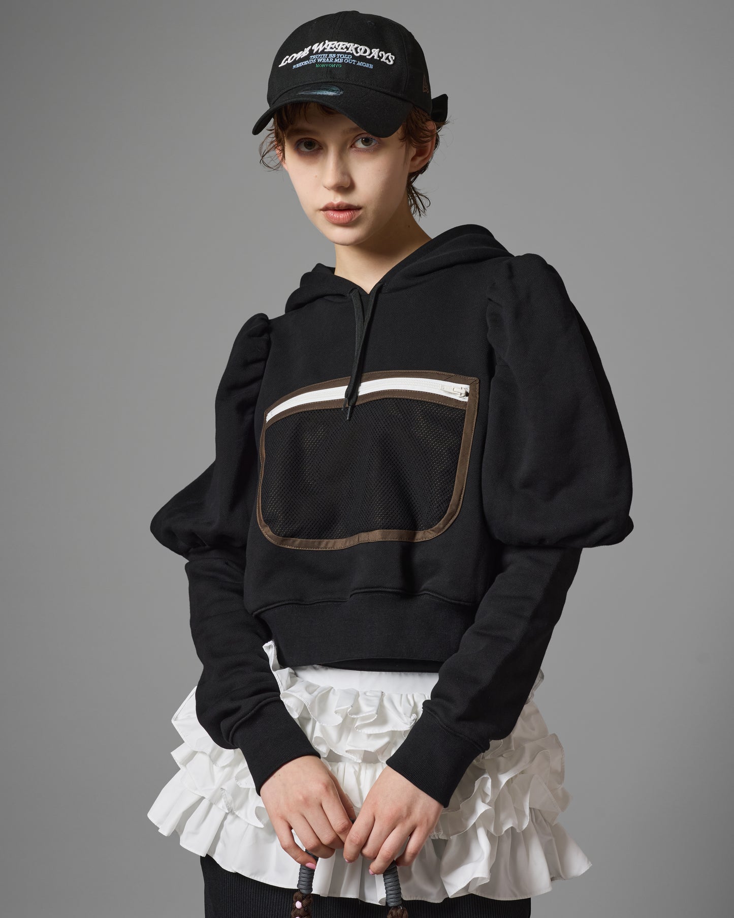 MESH POCKET PUFF SLEEVE PARKA (BLACK)