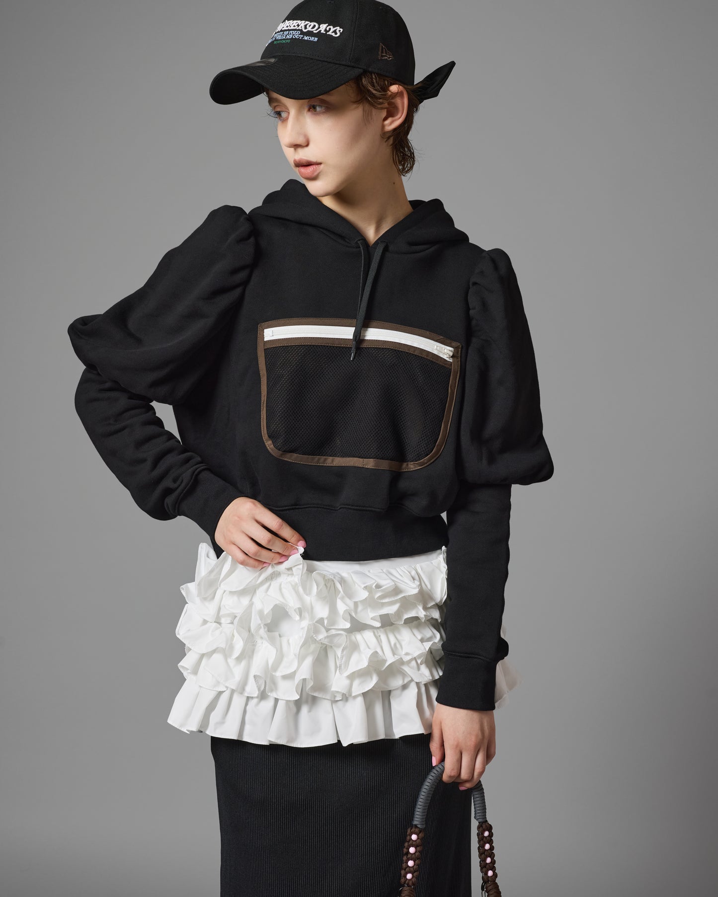 MESH POCKET PUFF SLEEVE PARKA (BLACK)