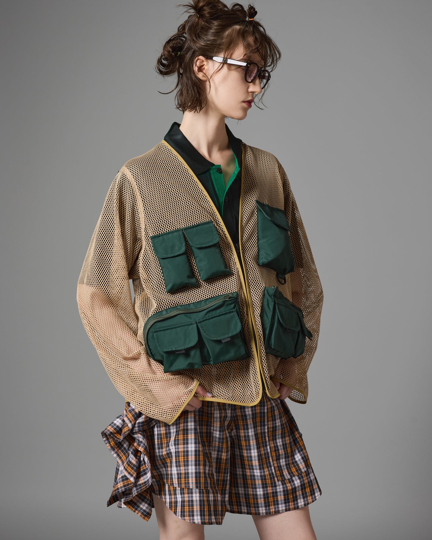 [PRE ORDER] MULTI POCKET MESH JACKET (GREEN×BEIGE)