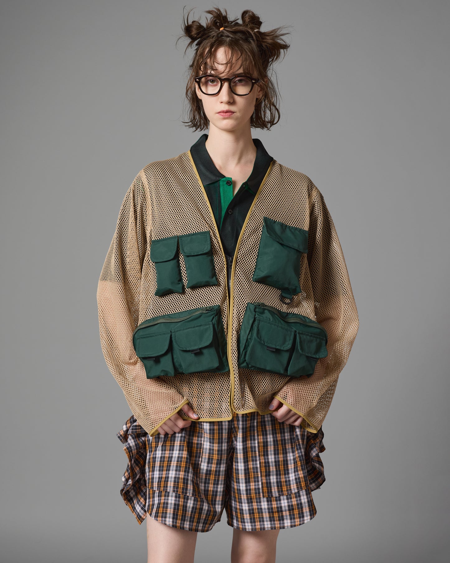[PRE ORDER] MULTI POCKET MESH JACKET (GREEN×BEIGE)
